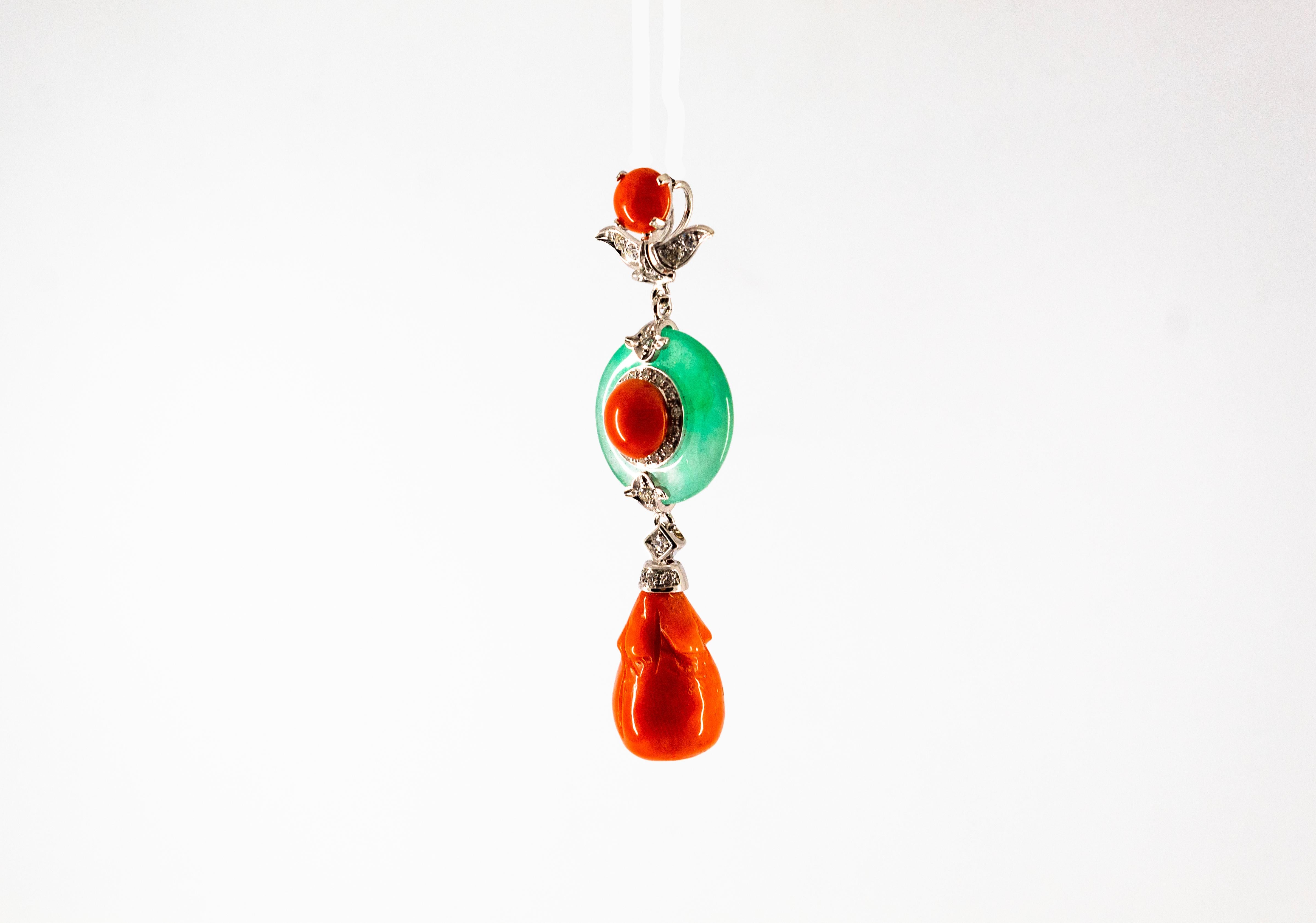 Mediterranean Red Coral Jade 0.32 Carat White Diamond White Gold Pendant In New Condition For Sale In Naples, IT