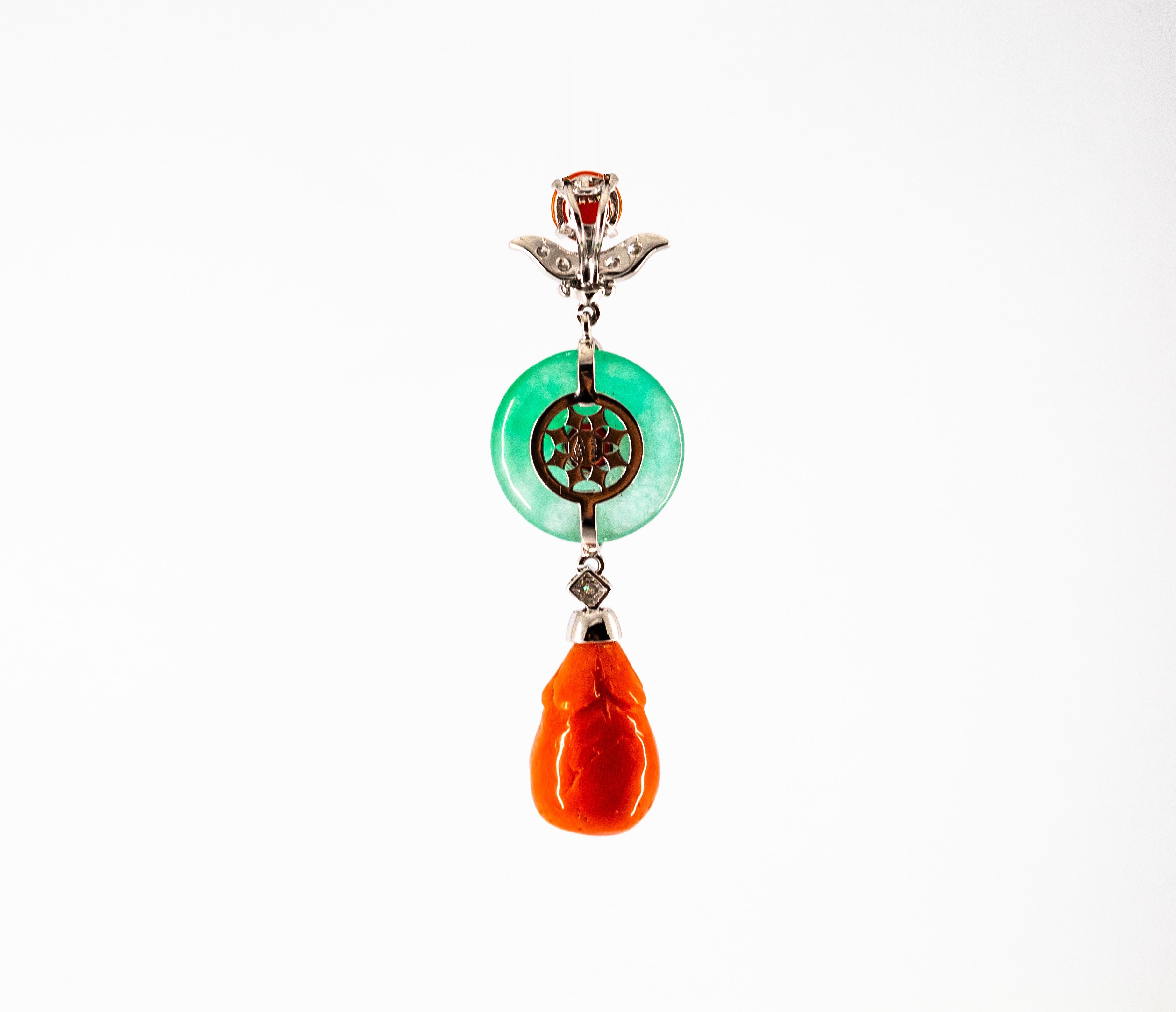 Women's or Men's Mediterranean Red Coral Jade 0.32 Carat White Diamond White Gold Pendant For Sale