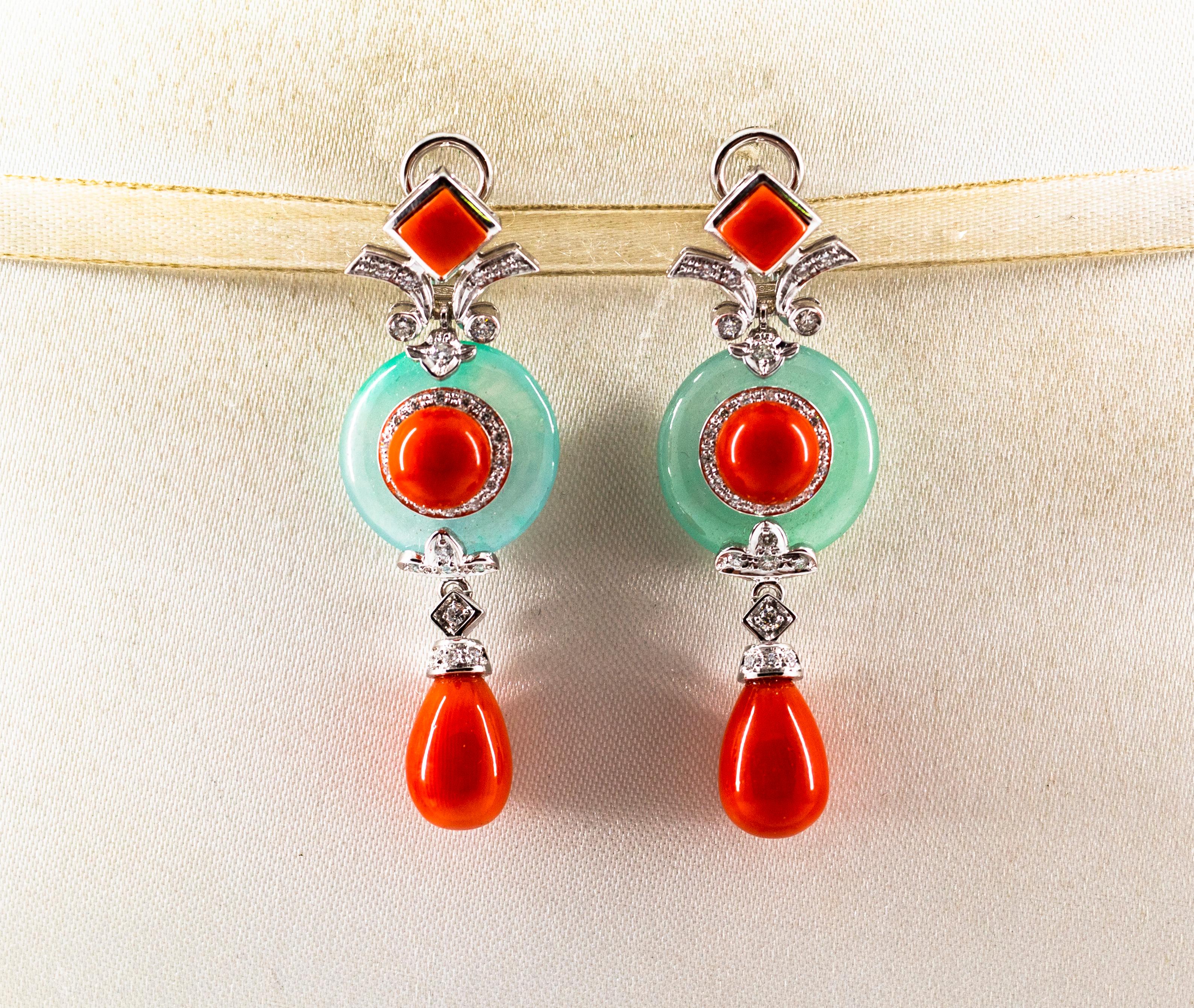 These Clip-On Earrings are made of 14K White Gold.
These Earrings have 0.60 Carats of White Diamonds.
These Earrings have also Mediterranean (Sardinia, Italy) Red Coral and Jade.
All our Earrings have pins for pierced ears but we can change the