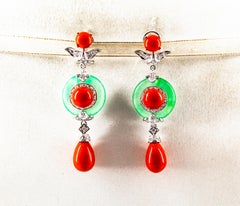 Mediterranean Red Coral Jade 0.65 Carat White Diamond White Gold Drop Earrings