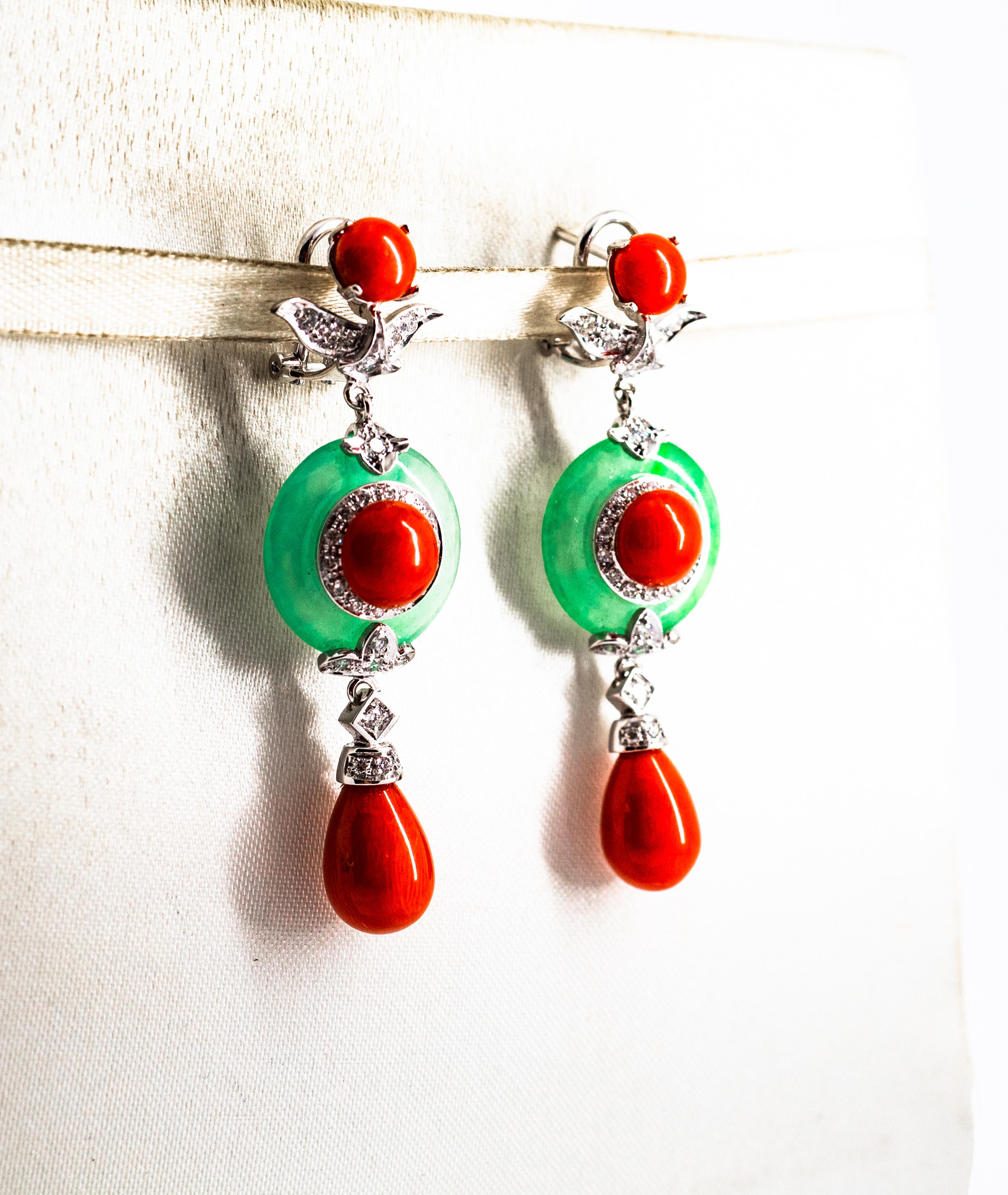 Art Deco Mediterranean Red Coral Jade 0.65 Carat White Diamond White Gold Drop Earrings For Sale