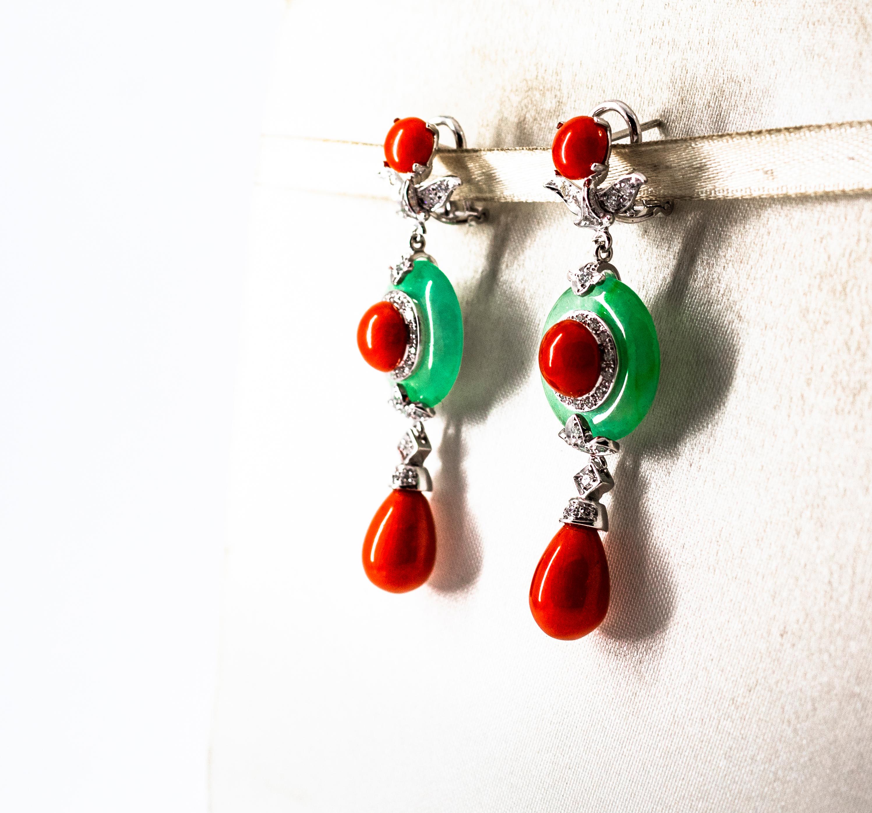 Brilliant Cut Mediterranean Red Coral Jade 0.65 Carat White Diamond White Gold Drop Earrings For Sale