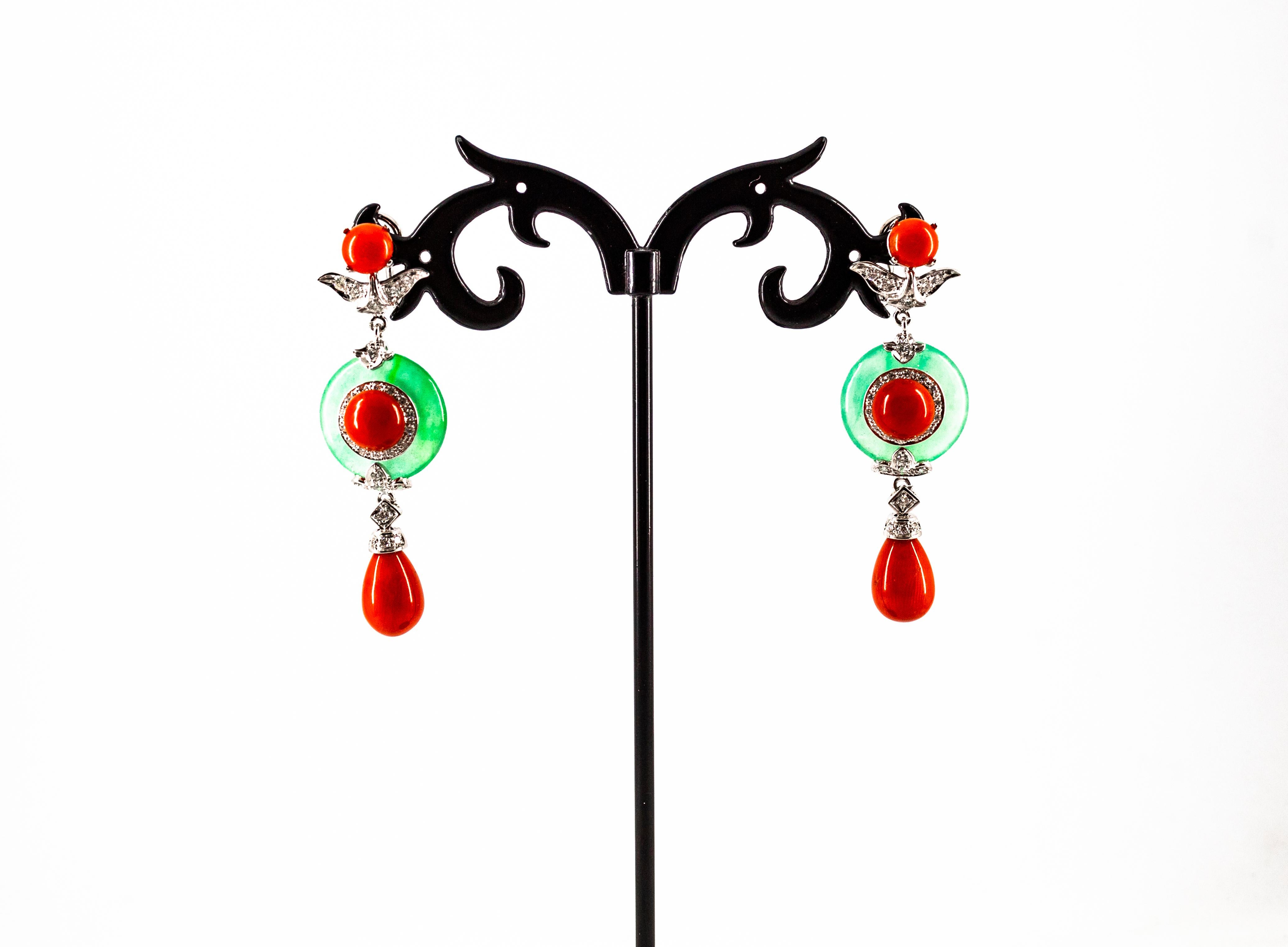 Mediterranean Red Coral Jade 0.65 Carat White Diamond White Gold Drop Earrings In New Condition For Sale In Naples, IT