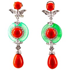 Mediterranean Red Coral Jade 0.65 Carat White Diamond White Gold Drop Earrings