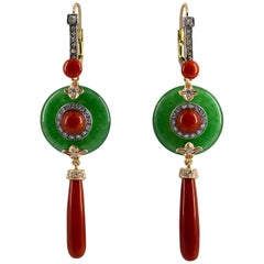 Mediterranean Red Coral Jadeite 0.70 Carat Diamond Yellow Gold Drop Earrings