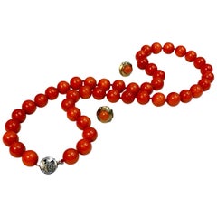 Retro Pre-appraised Mediterranean Red Coral Necklace & Matching Earrings Set in 14k