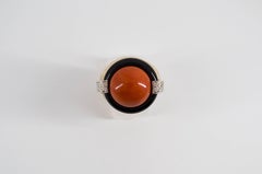 Mediterranean Red Coral Onyx 0.10 Carat White Diamond Yellow Gold Cocktail Ring