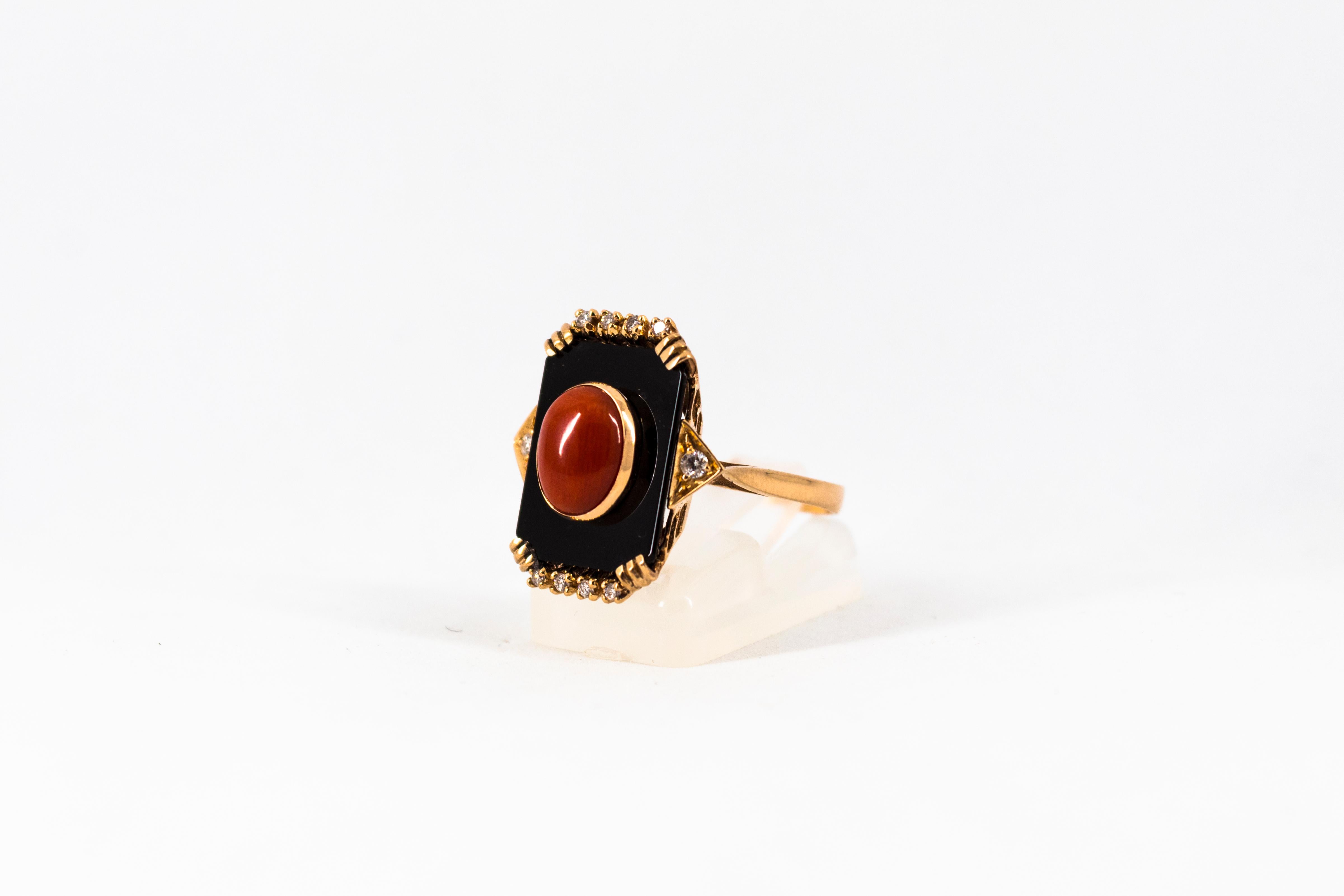 Mediterranean Red Coral Onyx 0.18 Carat White Diamond Yellow Gold Cocktail Ring 5