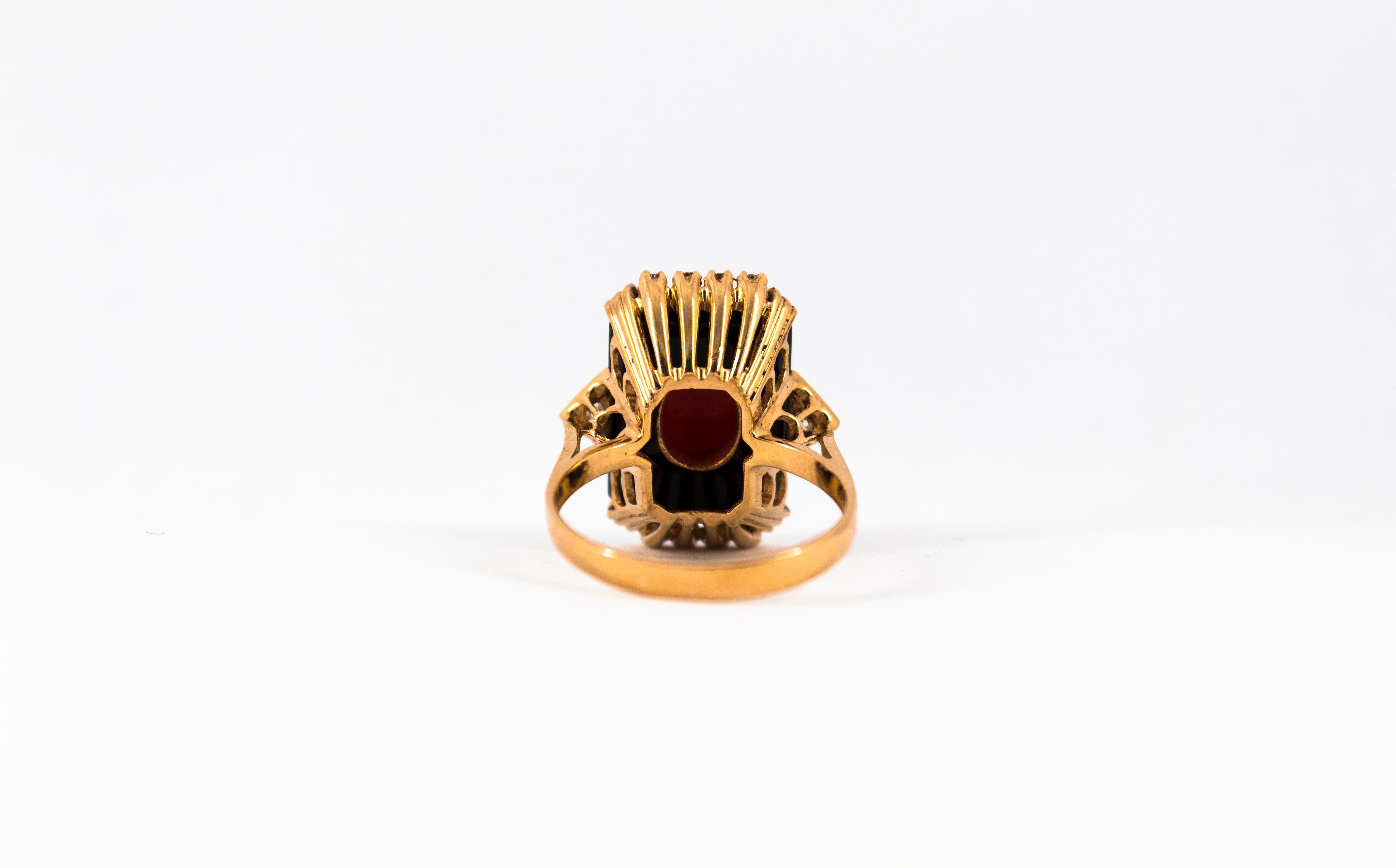 Mediterranean Red Coral Onyx 0.18 Carat White Diamond Yellow Gold Cocktail Ring 7