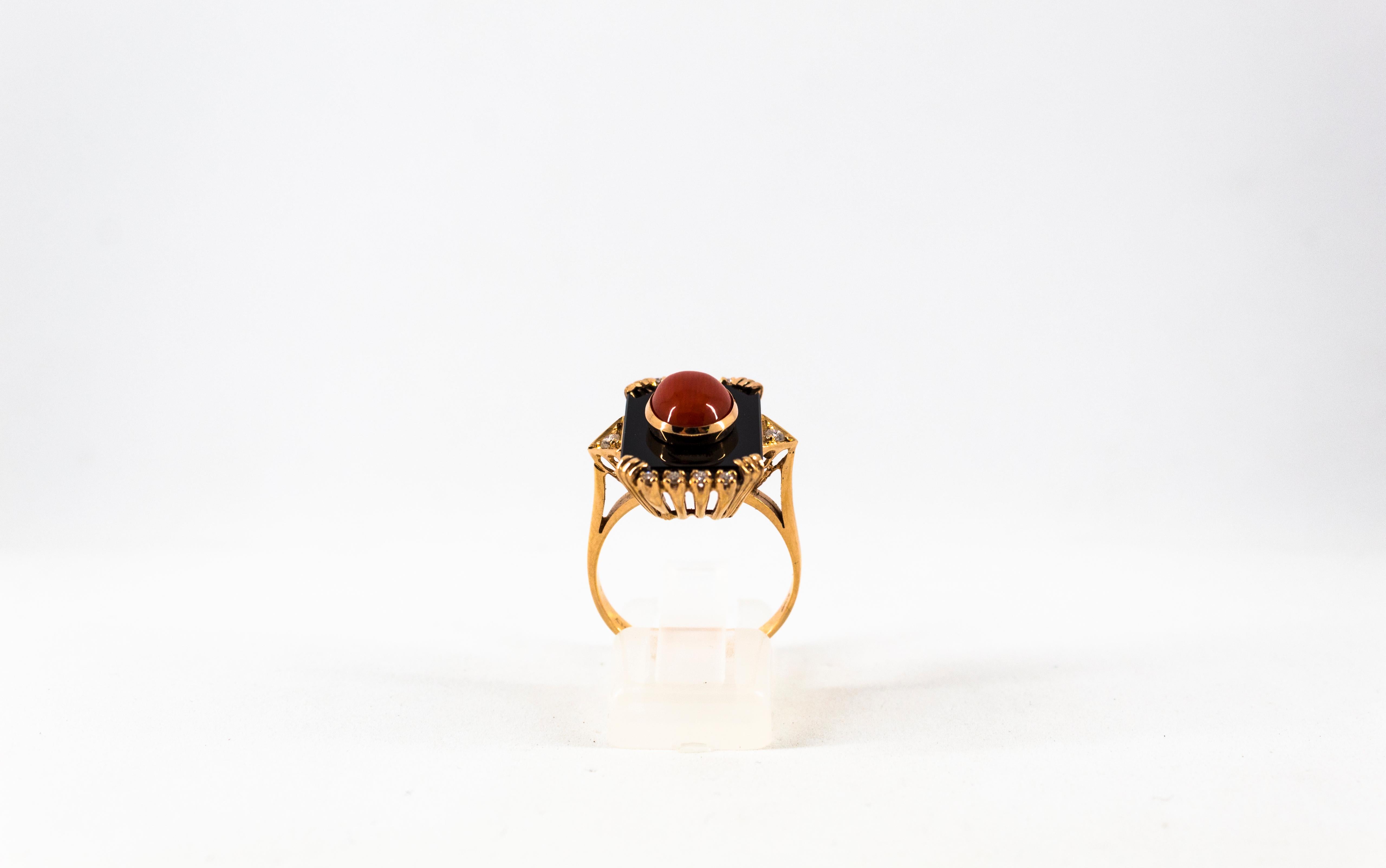 This Ring is made of 14K Yellow Gold.
This Ring has 0.18 Carats of White Diamonds.
This Ring has Red Mediterranean (Sardinia, Italy) Coral.
This Ring has also Onyx.
Size ITA: 16 USA: 7 1/2
This Ring is available also with a central 2.10 Carats Ruby