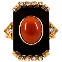 Mediterranean Red Coral Onyx 0.18 Carat White Diamond Yellow Gold Cocktail Ring