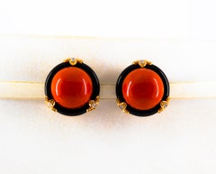 Mediterranean Red Coral Onyx 0.24 Carat Diamond Yellow Gold Clip-On Earrings