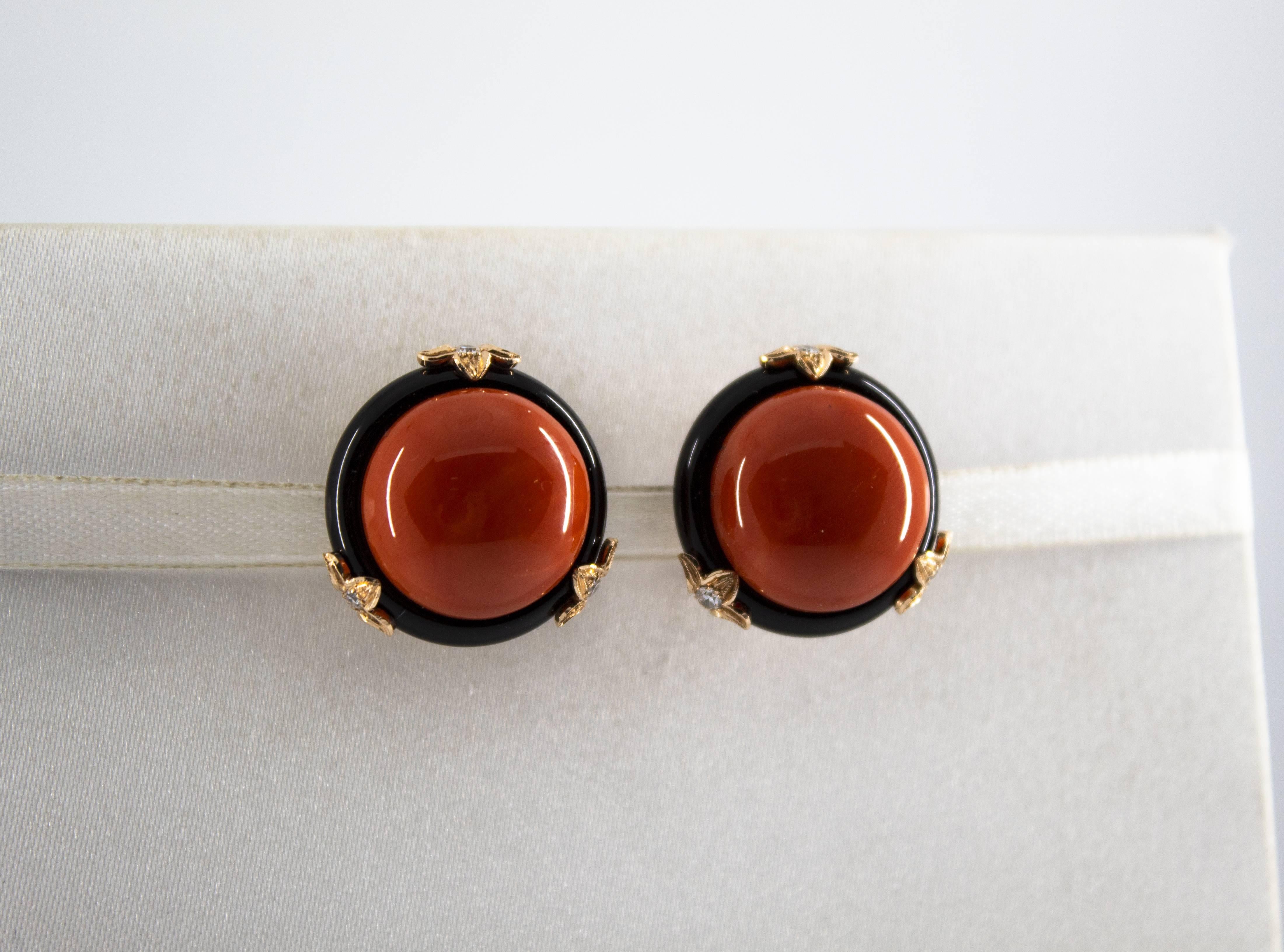 Renaissance Mediterranean Red Coral Onyx 0.24 Carat Diamond Yellow Gold Clip-On Earrings