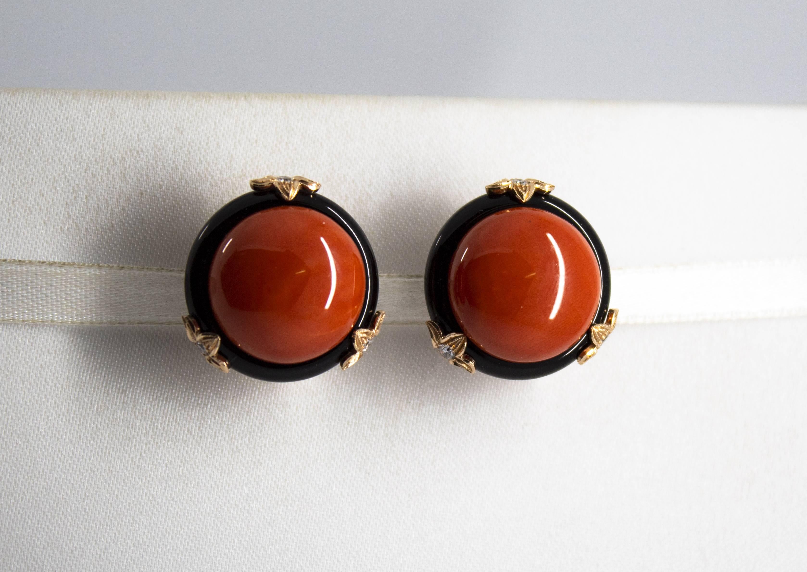 Mediterranean Red Coral Onyx 0.24 Carat Diamond Yellow Gold Clip-On Earrings 1