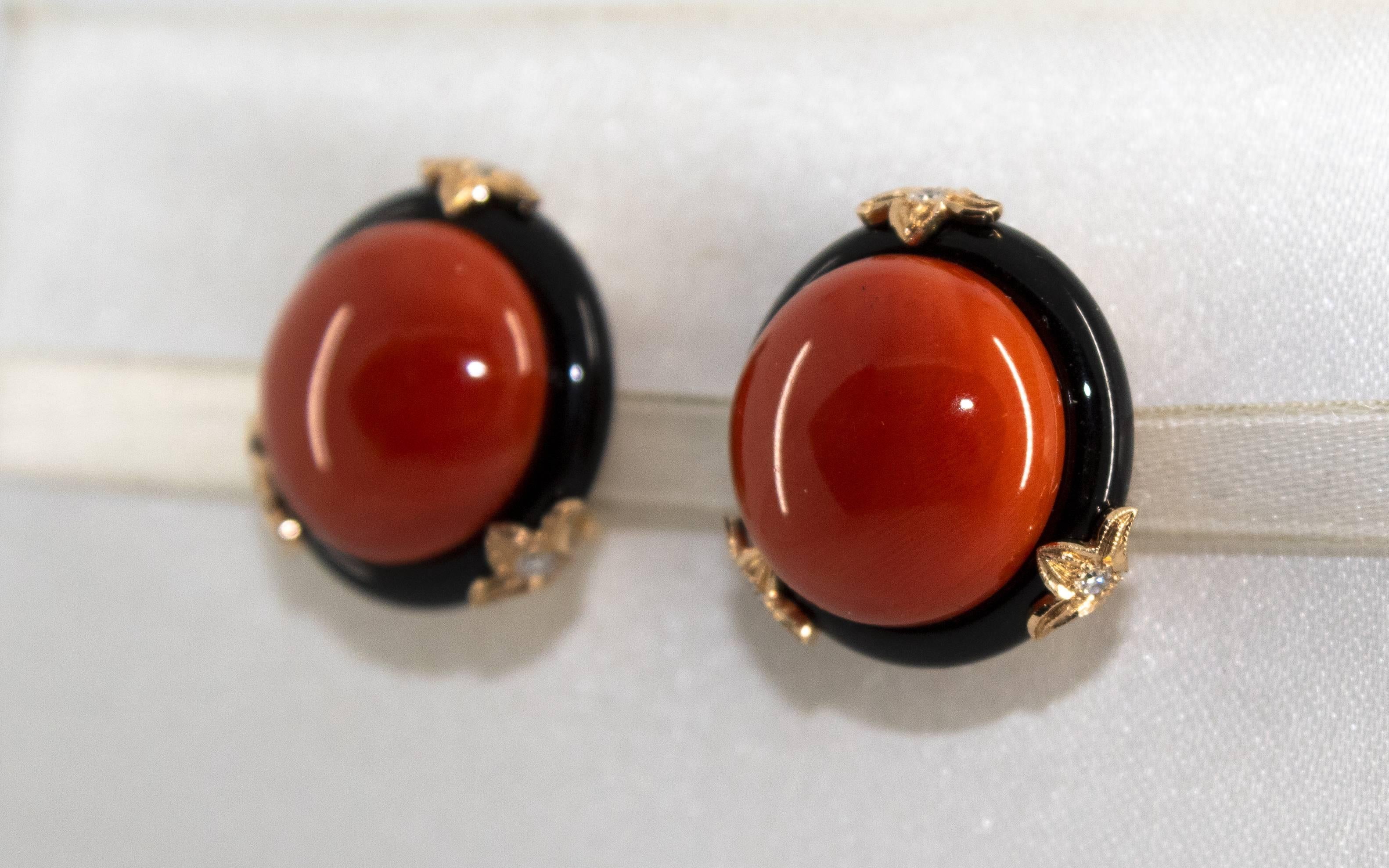 Mediterranean Red Coral Onyx 0.24 Carat Diamond Yellow Gold Clip-On Earrings 2