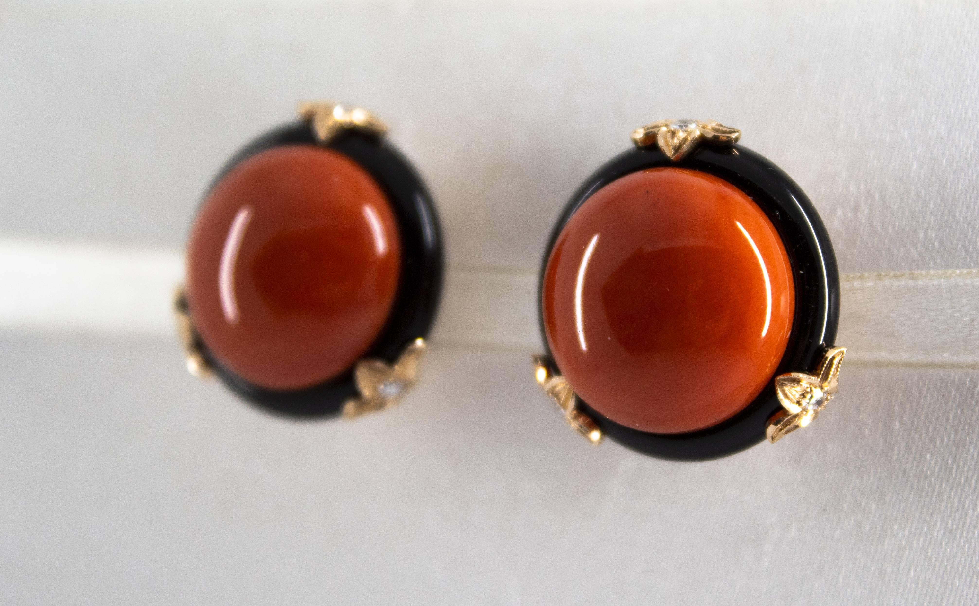 Mediterranean Red Coral Onyx 0.24 Carat Diamond Yellow Gold Clip-On Earrings 3
