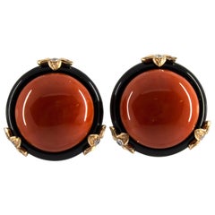 Mediterranean Red Coral Onyx 0.24 Carat Diamond Yellow Gold Clip-On Earrings