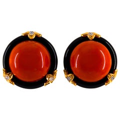Mediterranean Red Coral Onyx 0.24 Carat Diamond Yellow Gold Clip-On Earrings