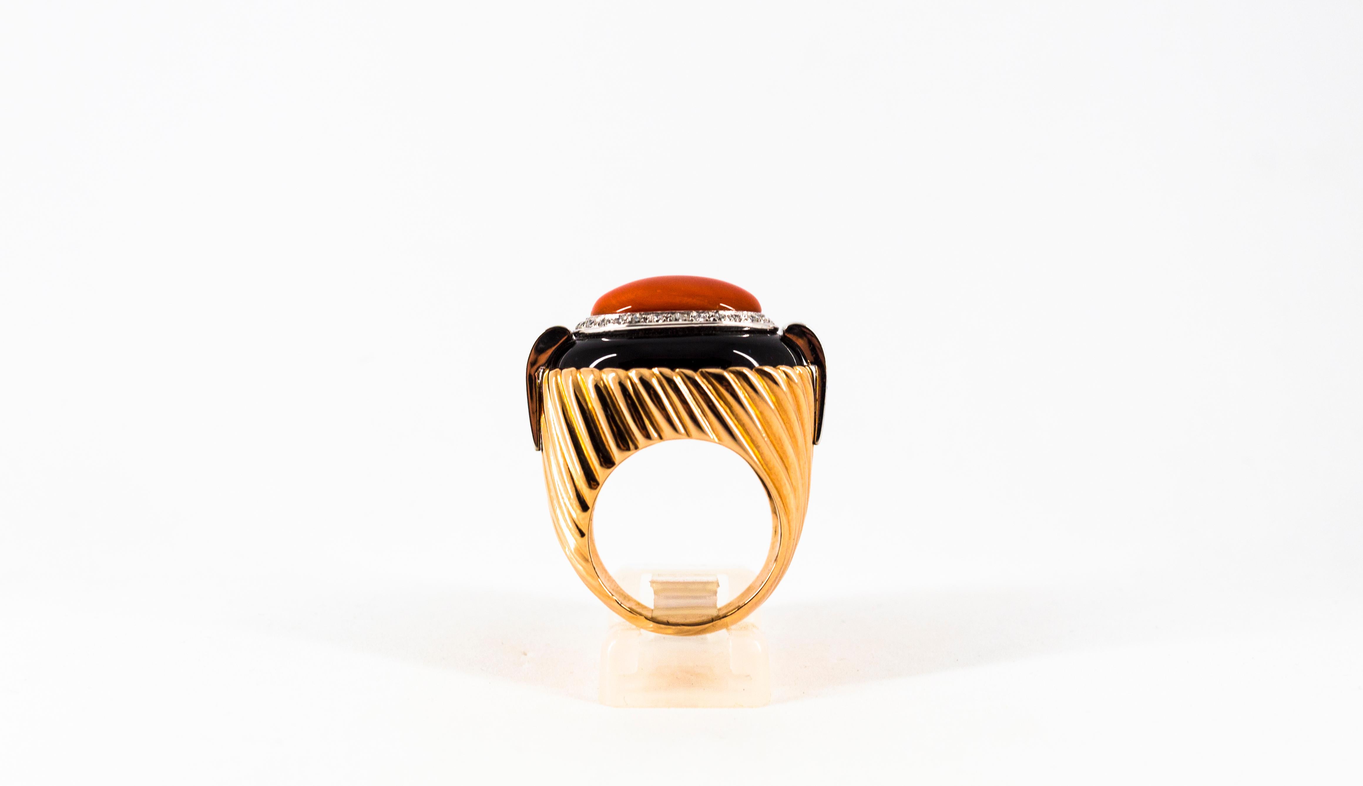 Mediterranean Red Coral Onyx 0.40 Carat White Diamond Yellow Gold Cocktail Ring 1