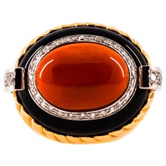 Mediterranean Red Coral Onyx 0.40 Carat White Diamond Yellow Gold Cocktail Ring