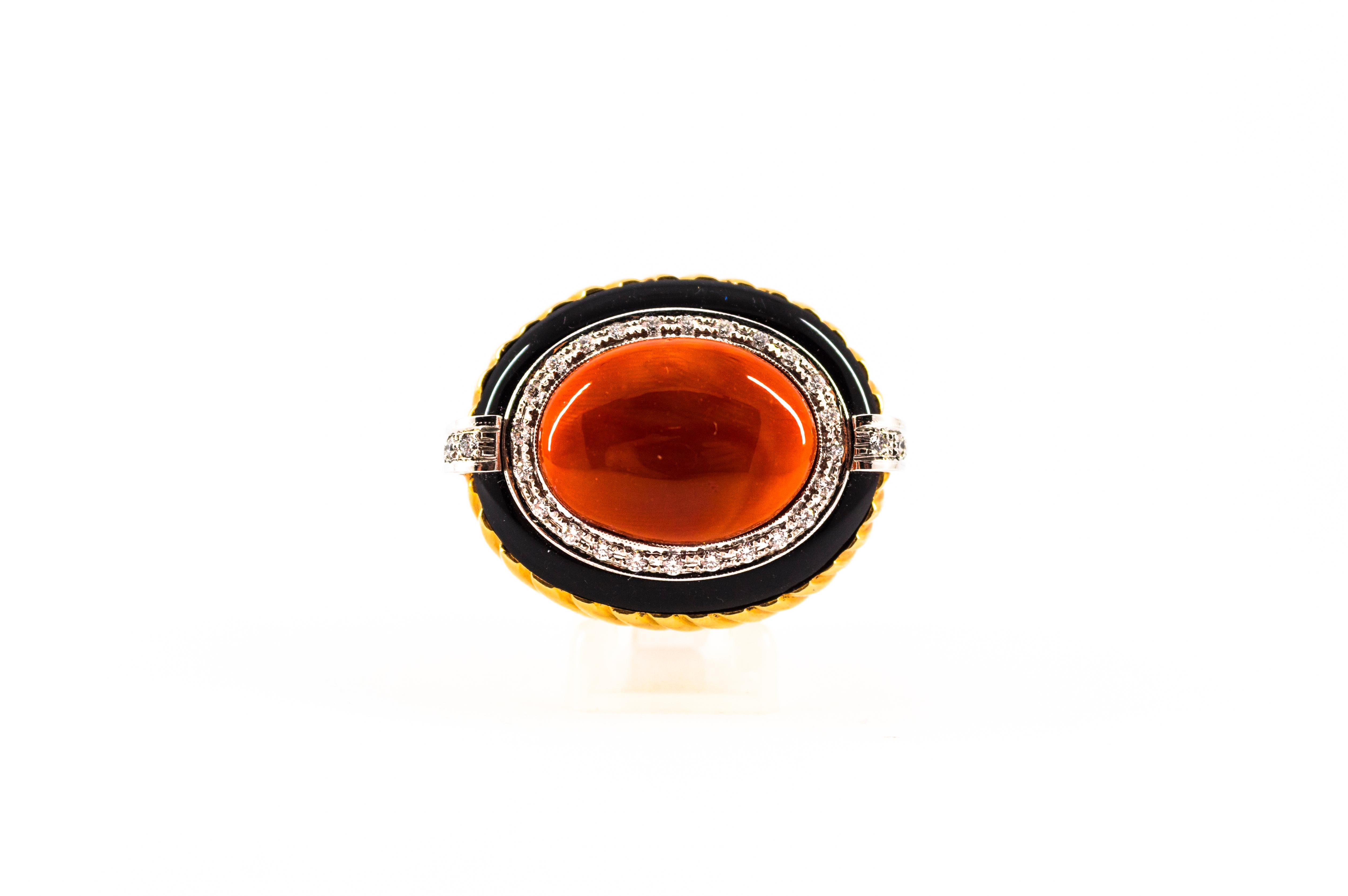 Mediterranean Red Coral Onyx 0.50 Carat White Diamond Yellow Gold Cocktail Ring 6