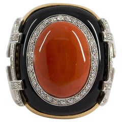 Mediterranean Red Coral Onyx 1.0 Carat Diamond Yellow Gold Cocktail Ring