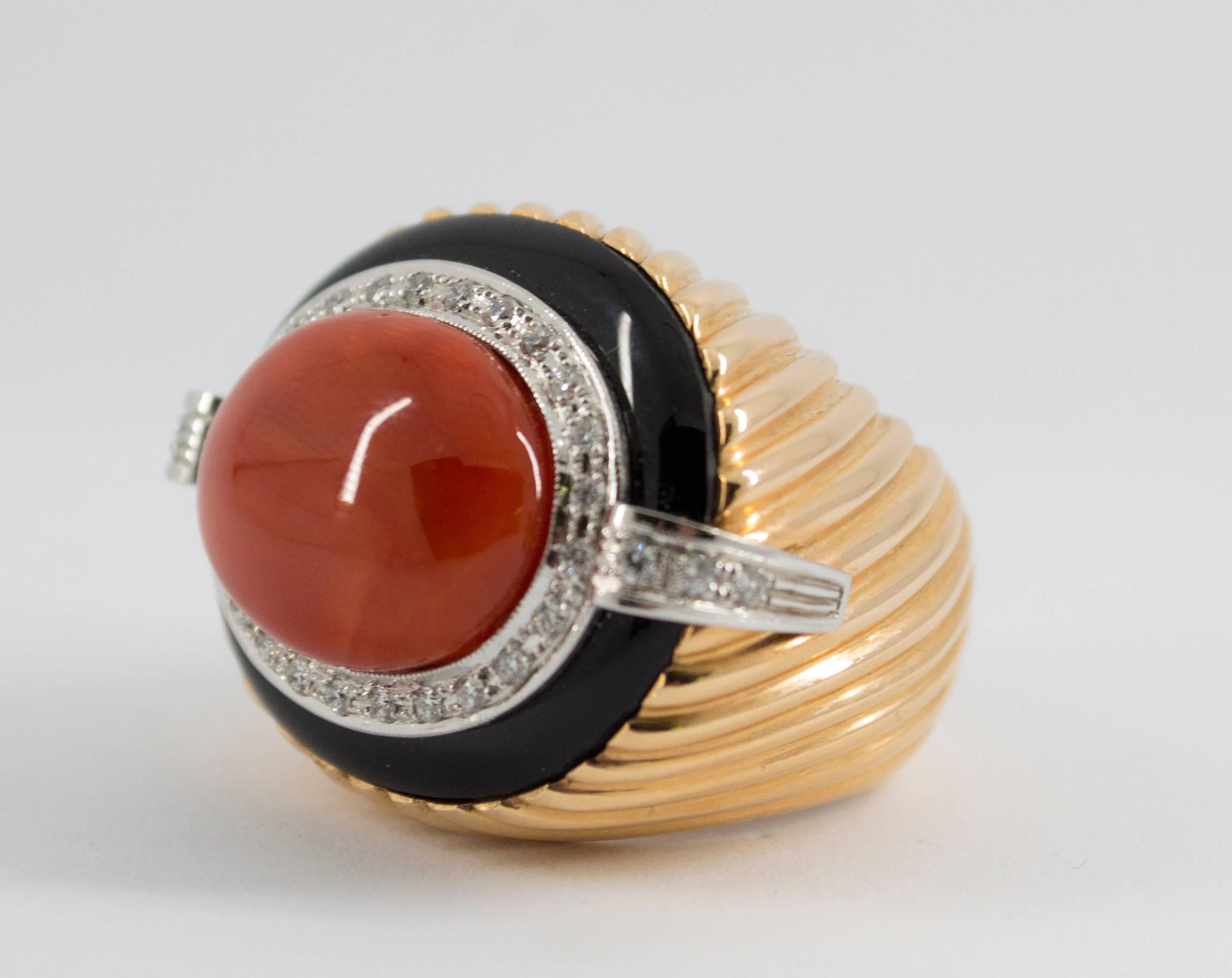 Mediterranean Red Coral Onyx Diamond Yellow Gold Cocktail Ring 5