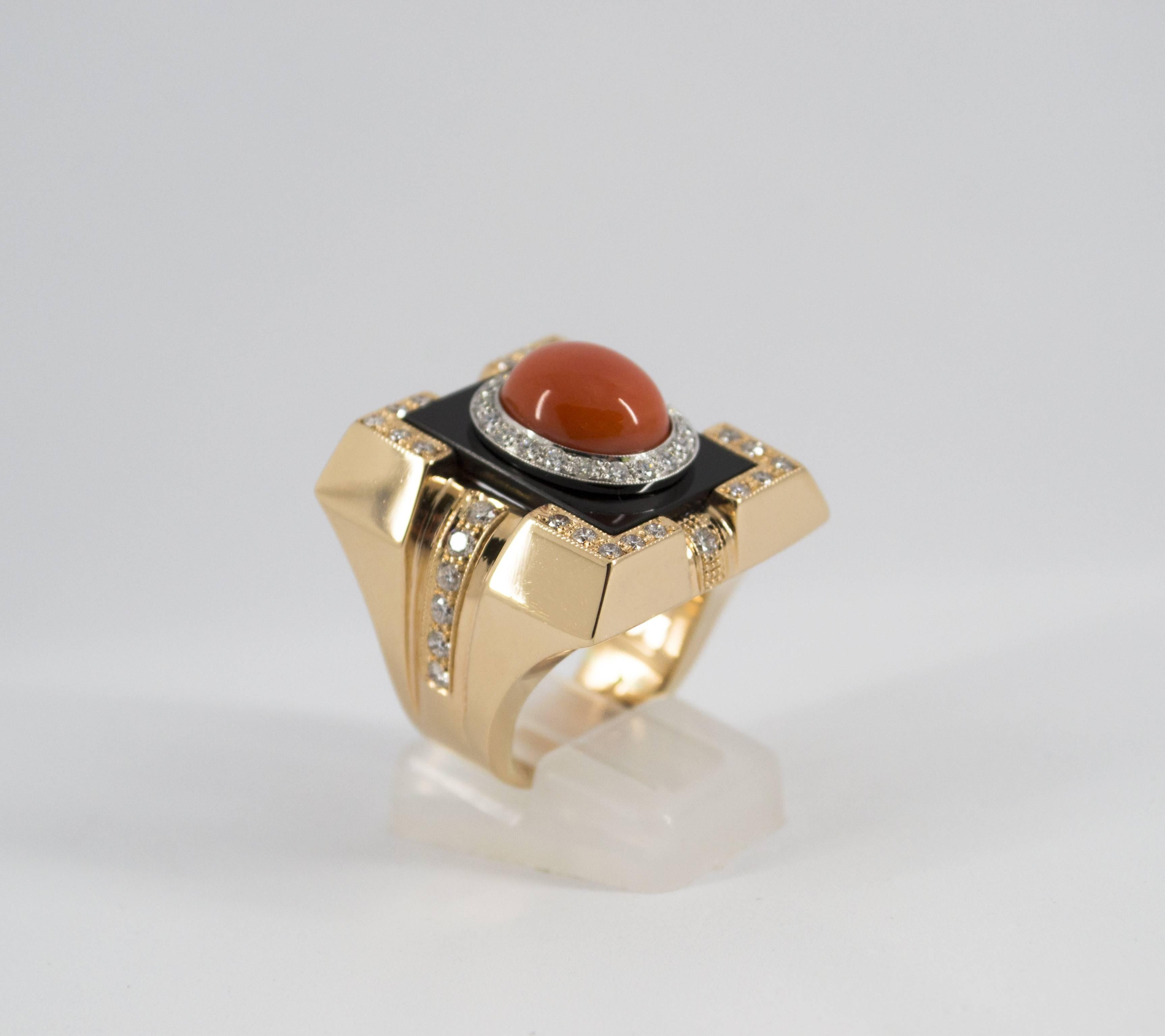 Mediterranean Red Coral Onyx  Diamond Yellow Gold Cocktail Ring 5