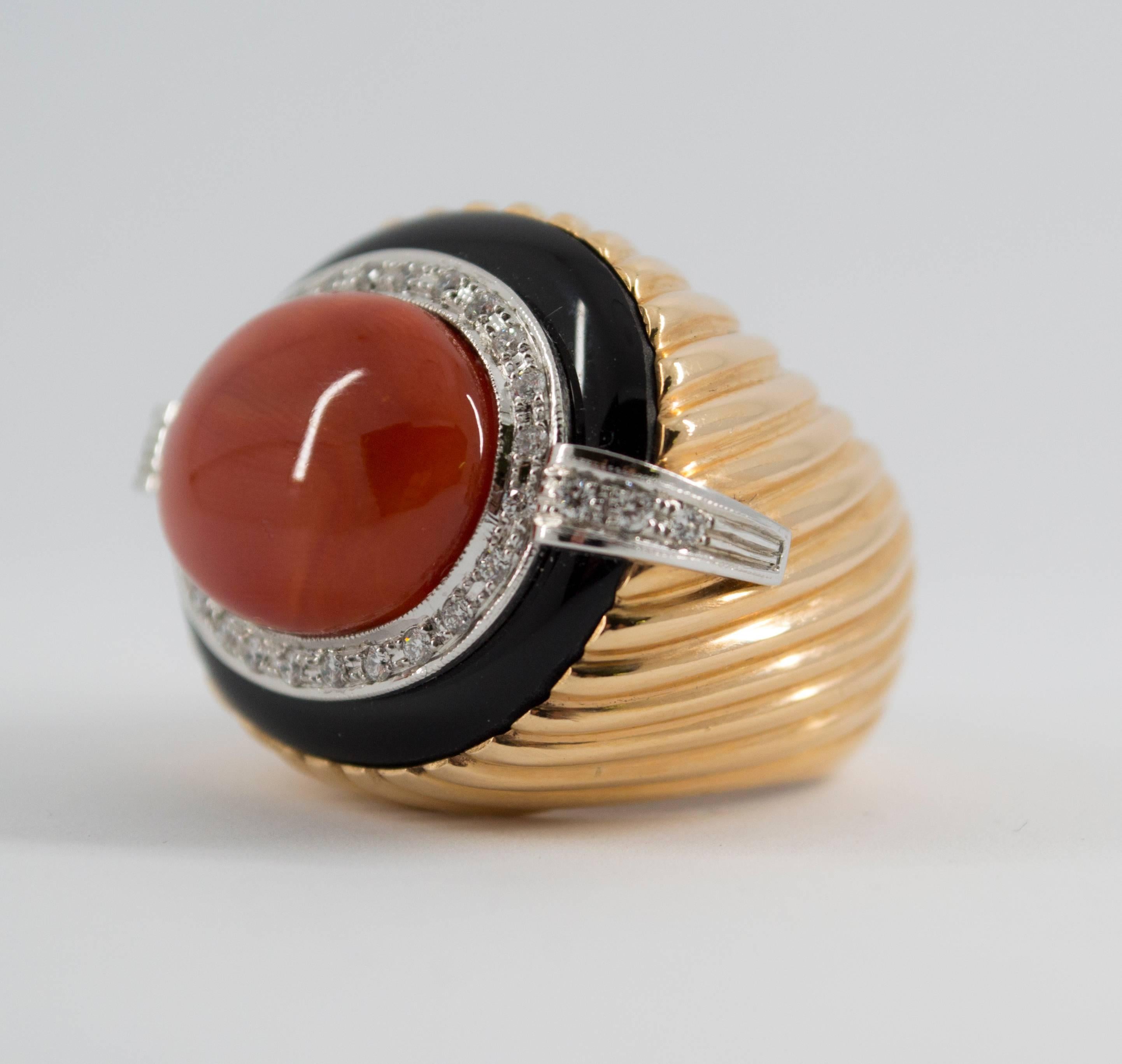 Mediterranean Red Coral Onyx Diamond Yellow Gold Cocktail Ring 6