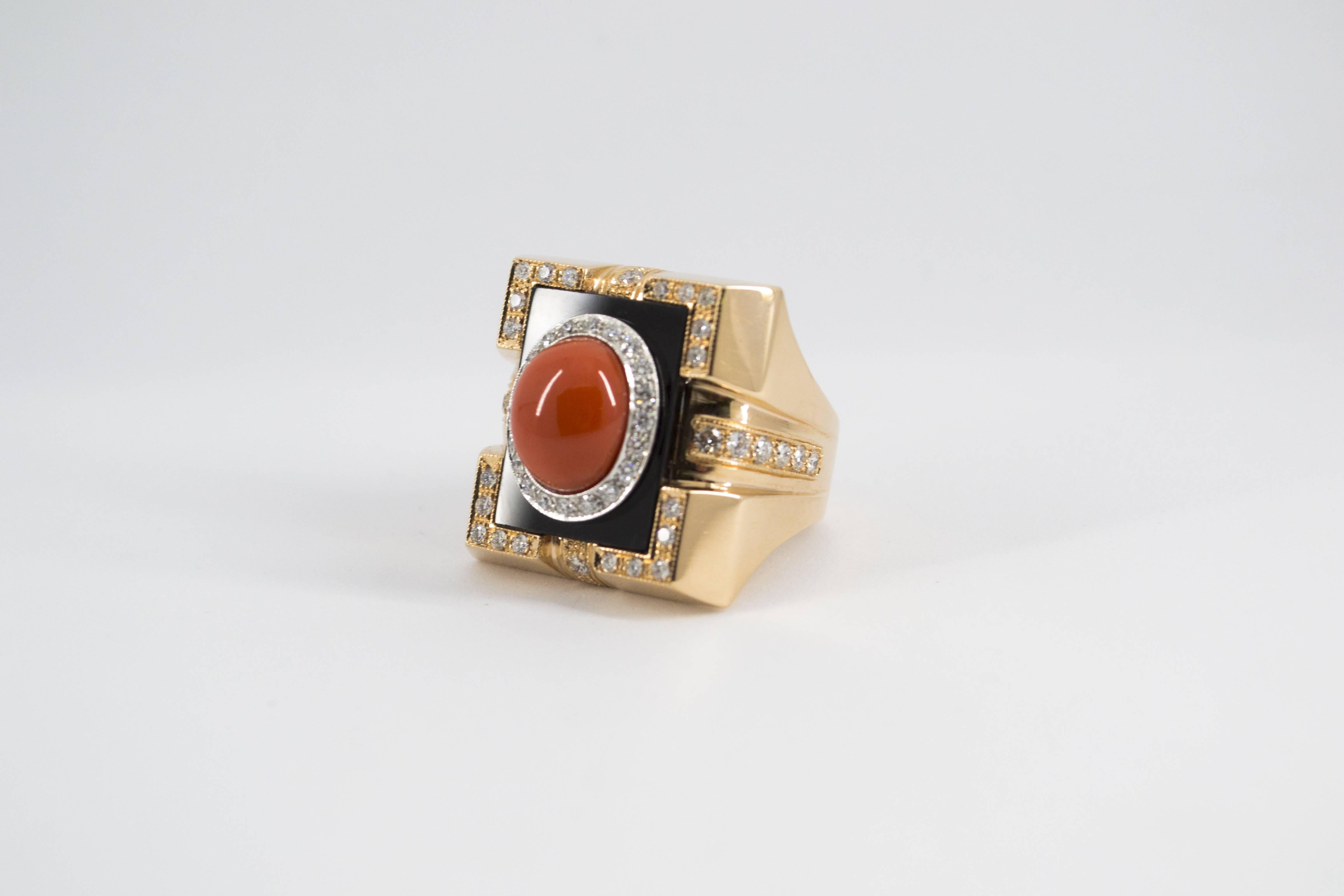 Mediterranean Red Coral Onyx  Diamond Yellow Gold Cocktail Ring 6