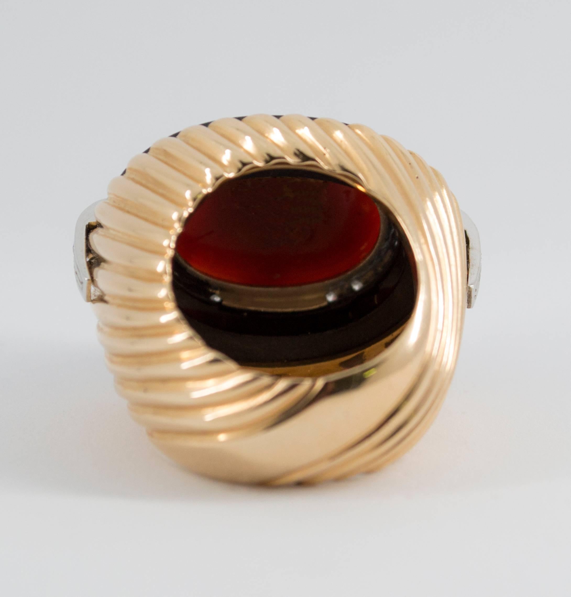 Mediterranean Red Coral Onyx Diamond Yellow Gold Cocktail Ring 7