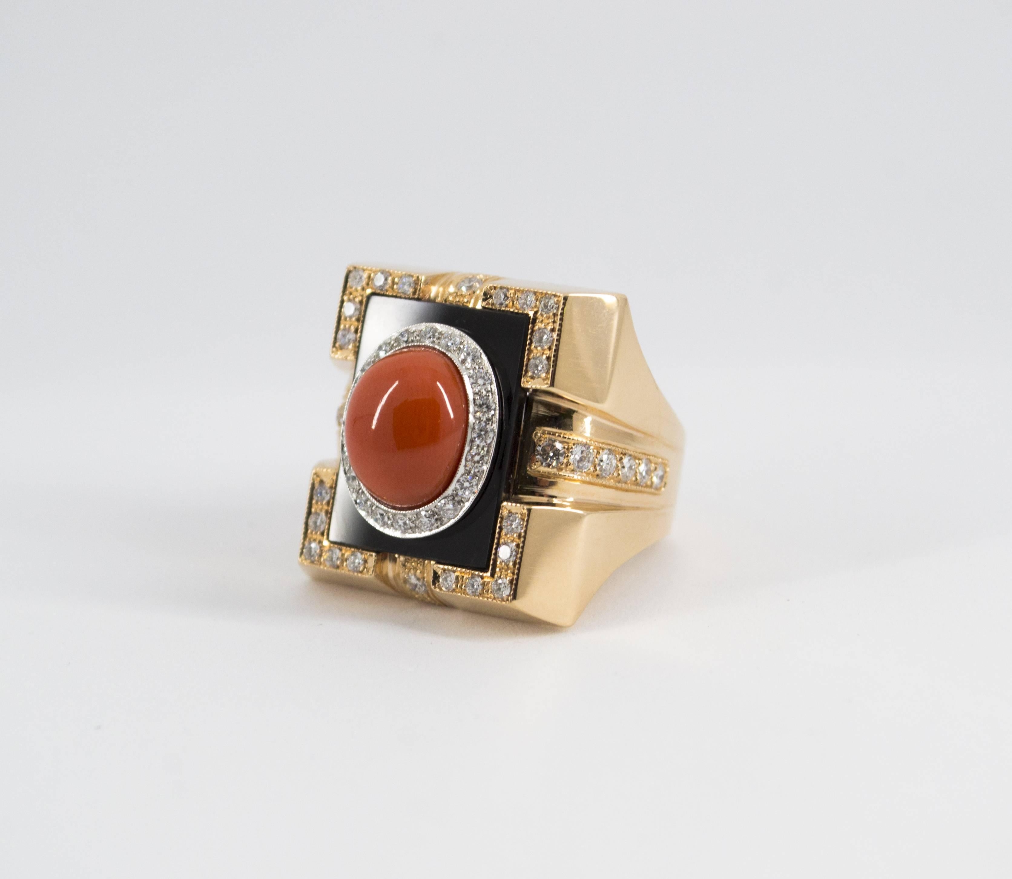 Mediterranean Red Coral Onyx  Diamond Yellow Gold Cocktail Ring 7