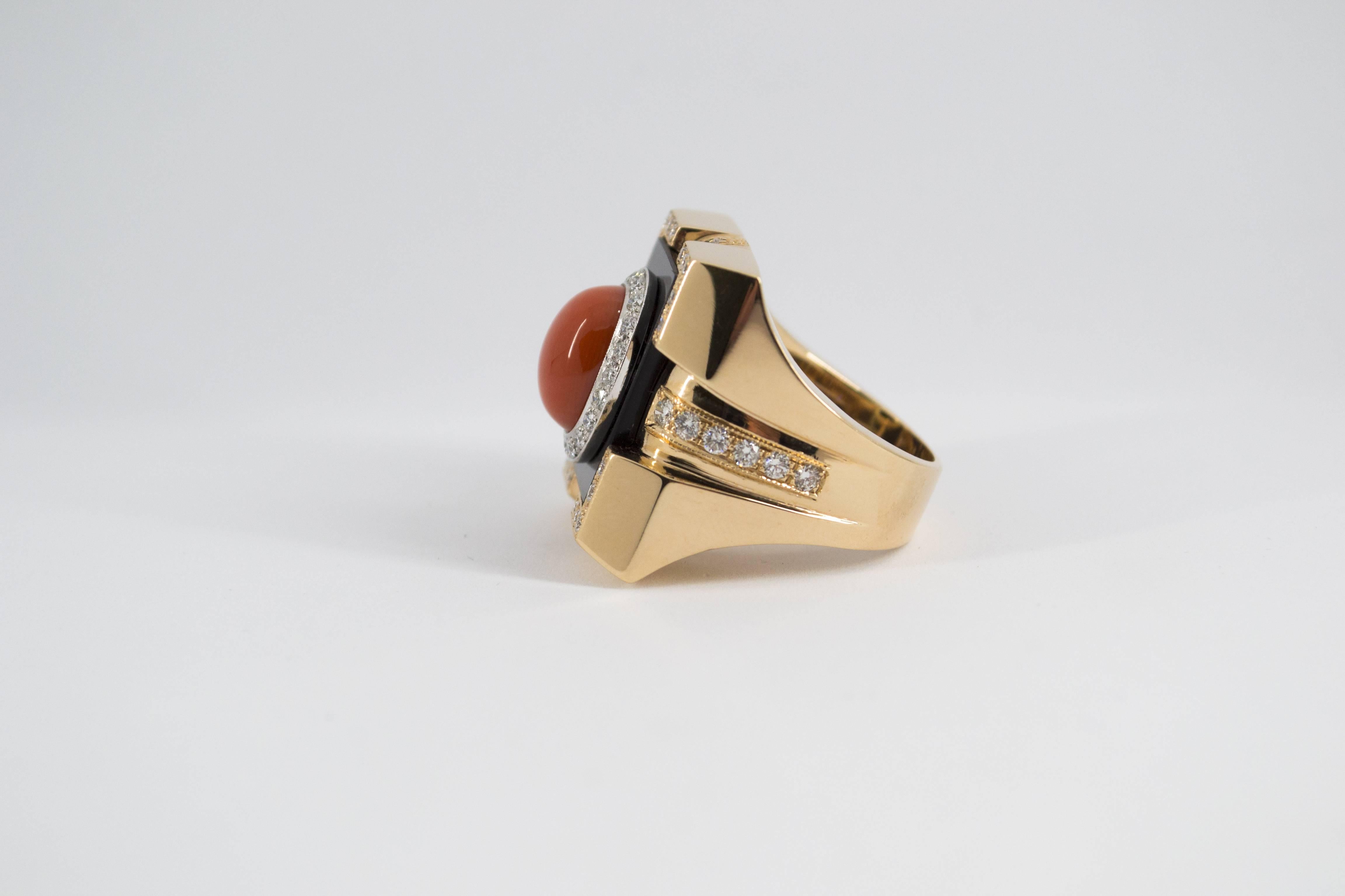 Mediterranean Red Coral Onyx  Diamond Yellow Gold Cocktail Ring 8