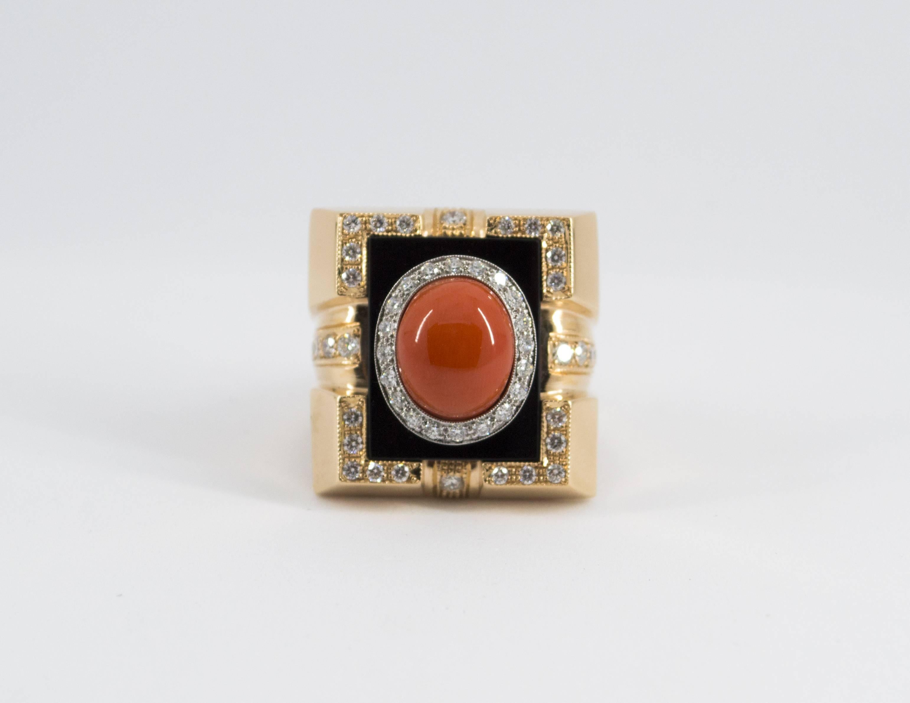 This Ring is made of 14K Yellow Gold.
This Ring has 0.90 Carats of Diamonds.
This Ring has also a Red Mediterranean (Sardinia, Italy) Coral and Onyx.
This Ring is inspired by Renaissance Style.
Size ITA: 14.5 USA: 7
We're a workshop so every piece