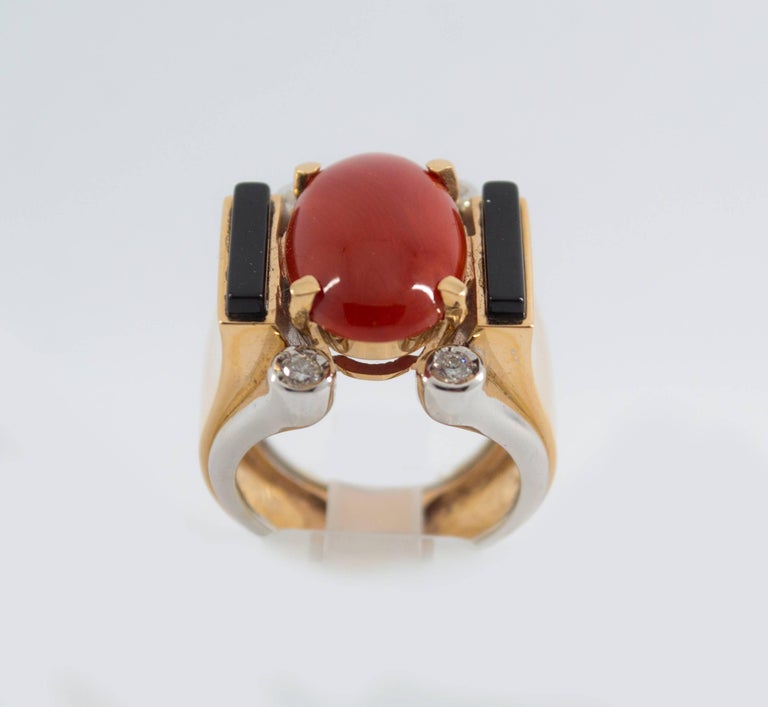 Gold Coral Ring w Onyx & Turq