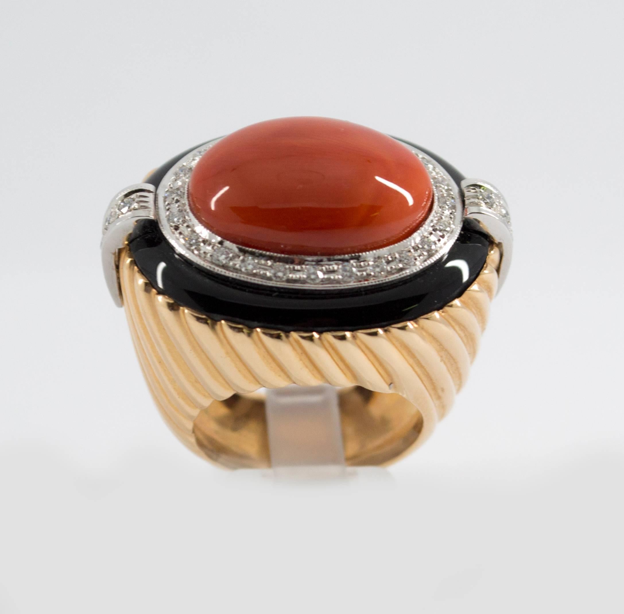 Mediterranean Red Coral Onyx Diamond Yellow Gold Cocktail Ring In New Condition In Naples, IT