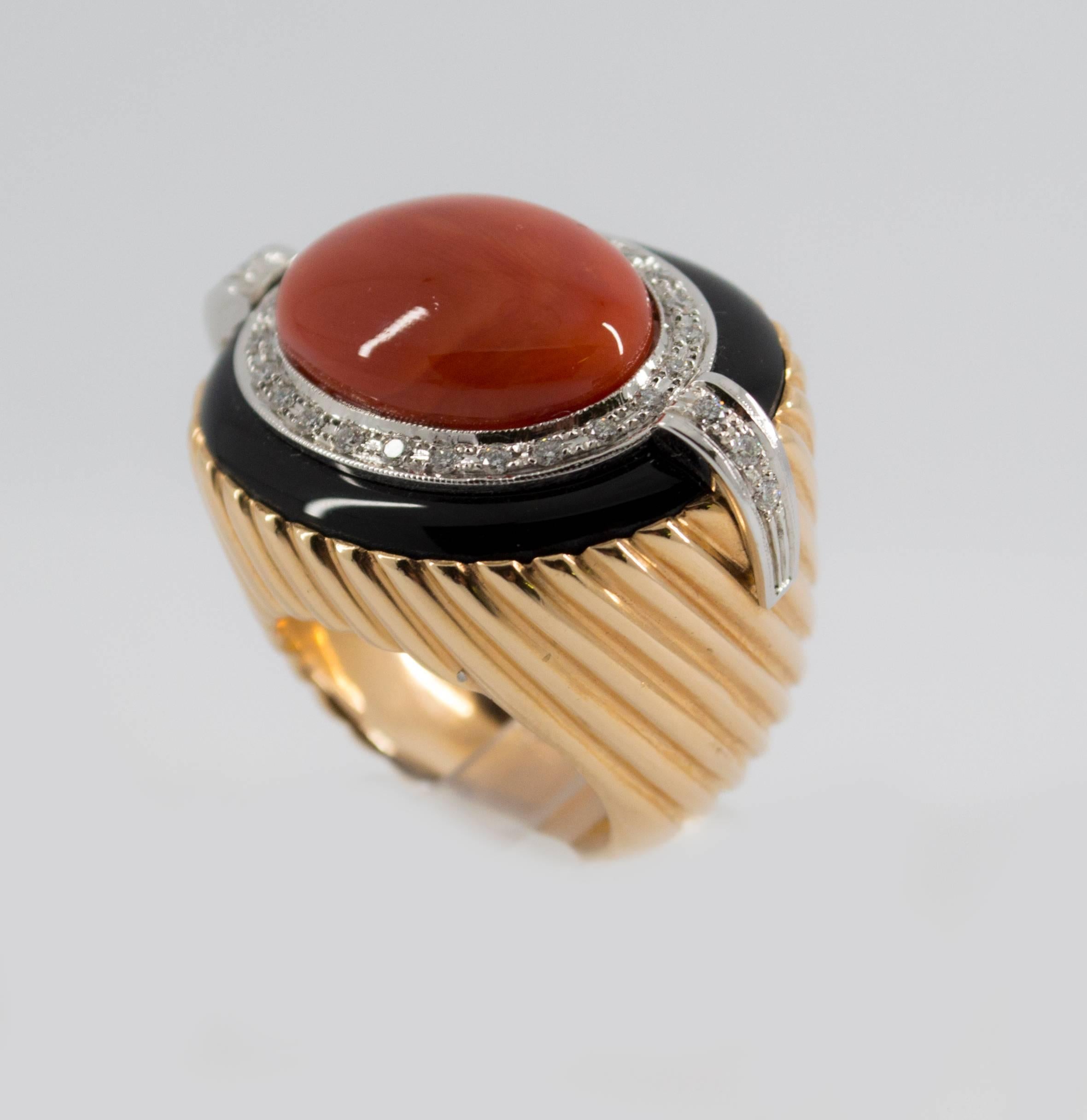 Women's or Men's Mediterranean Red Coral Onyx Diamond Yellow Gold Cocktail Ring