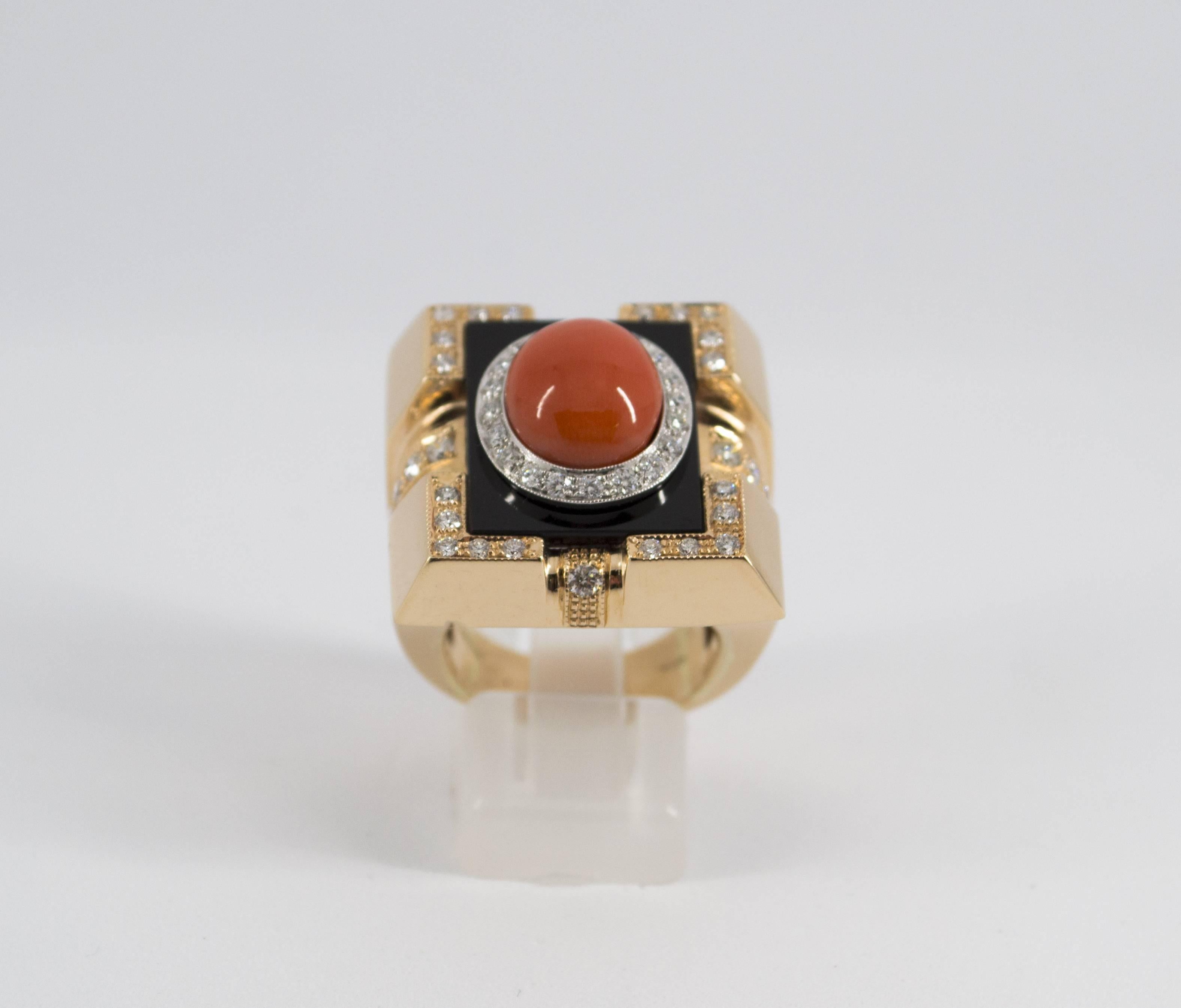 Women's or Men's Mediterranean Red Coral Onyx  Diamond Yellow Gold Cocktail Ring