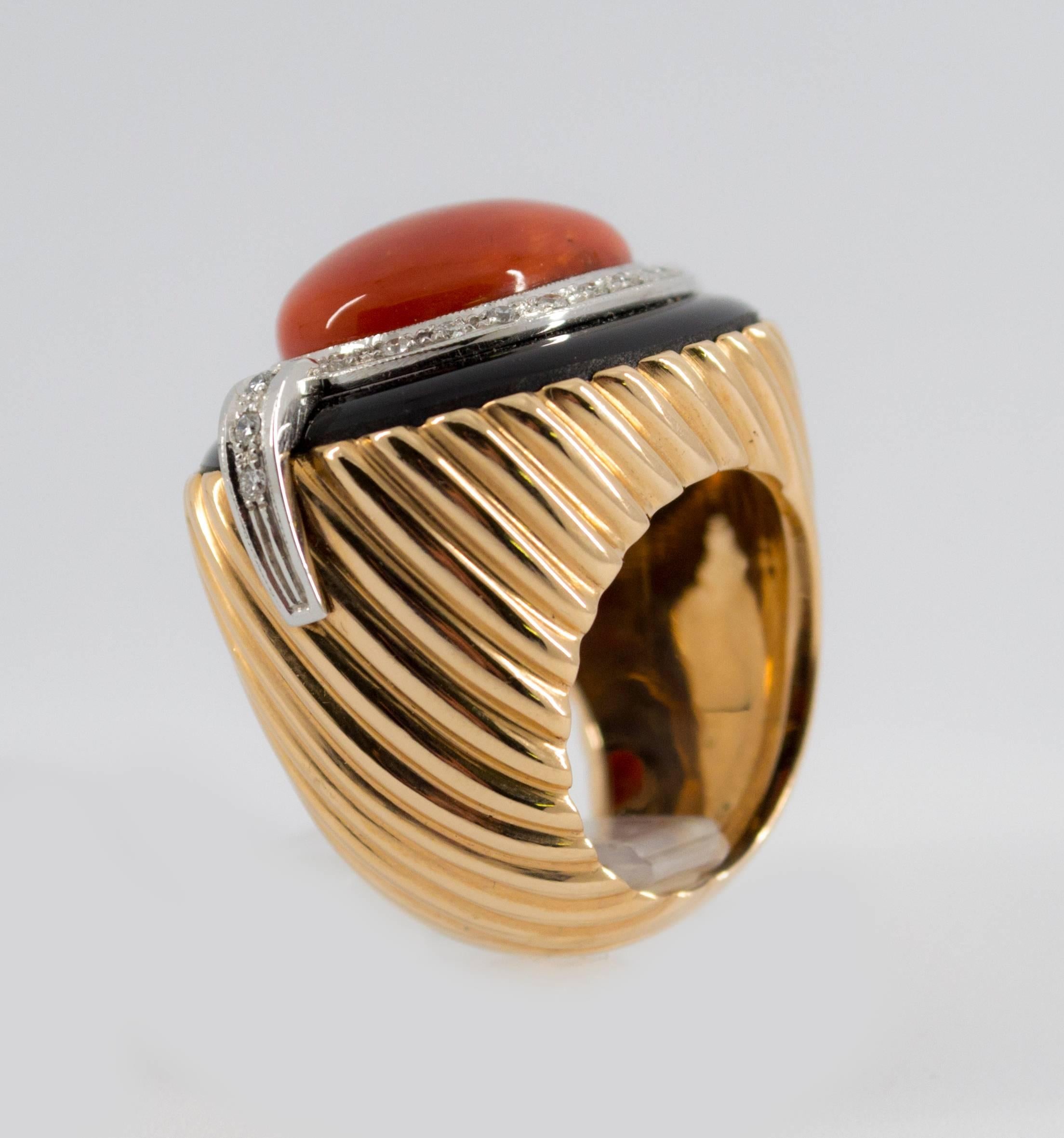 Mediterranean Red Coral Onyx Diamond Yellow Gold Cocktail Ring 1
