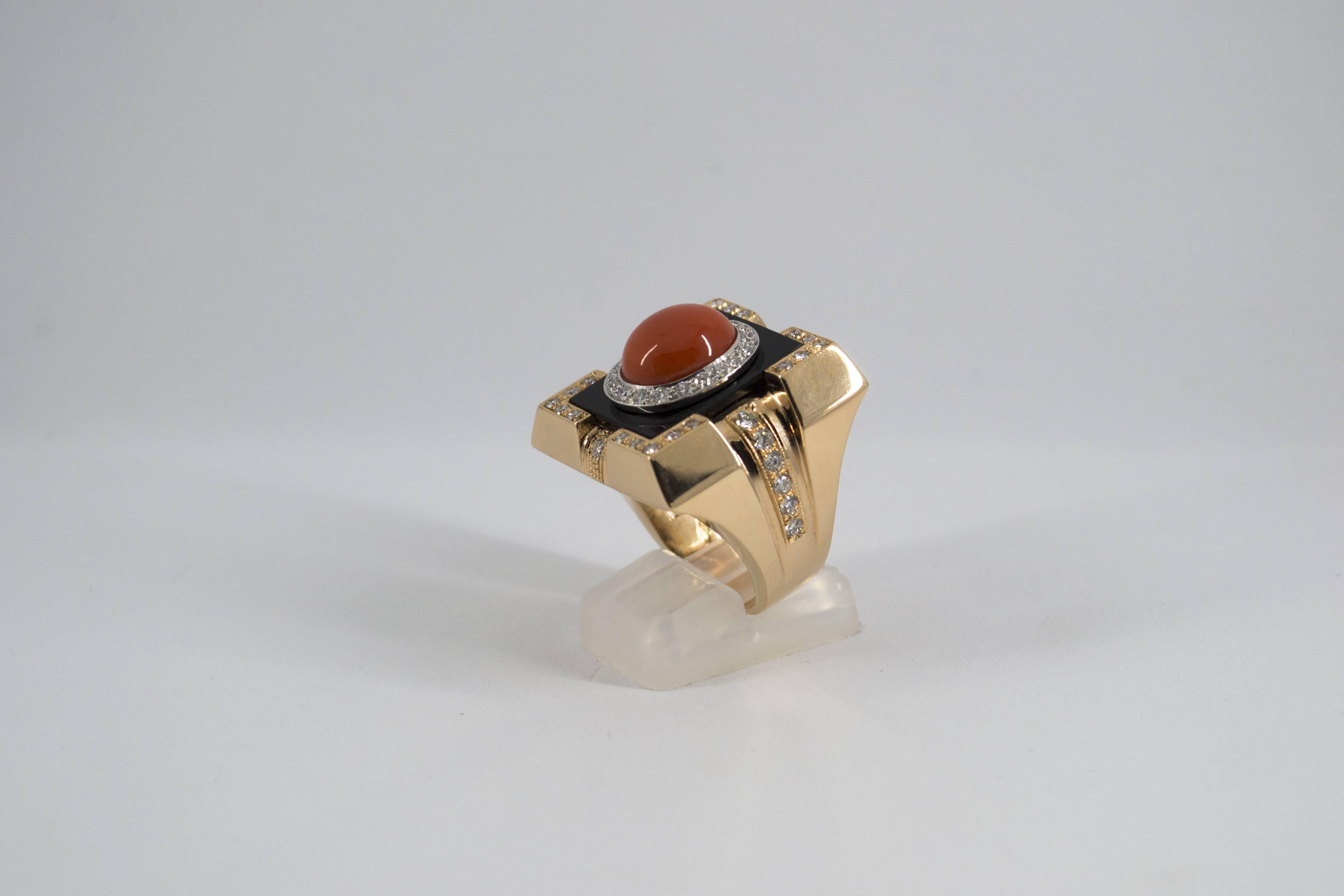 Mediterranean Red Coral Onyx  Diamond Yellow Gold Cocktail Ring 1