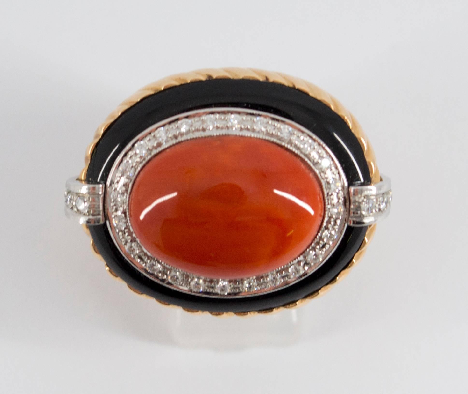 Mediterranean Red Coral Onyx Diamond Yellow Gold Cocktail Ring 2