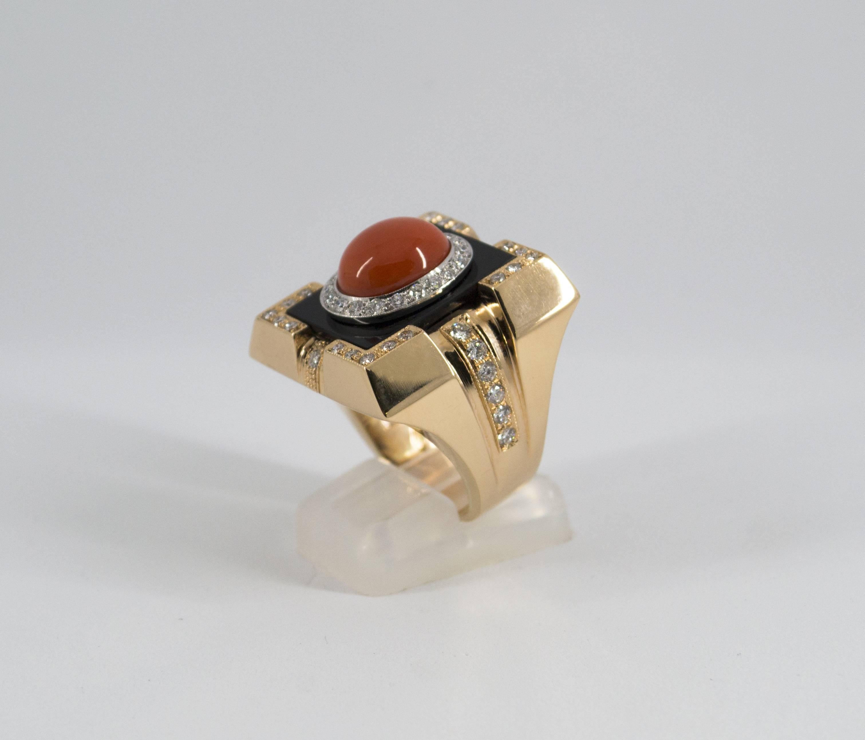 Mediterranean Red Coral Onyx  Diamond Yellow Gold Cocktail Ring 2