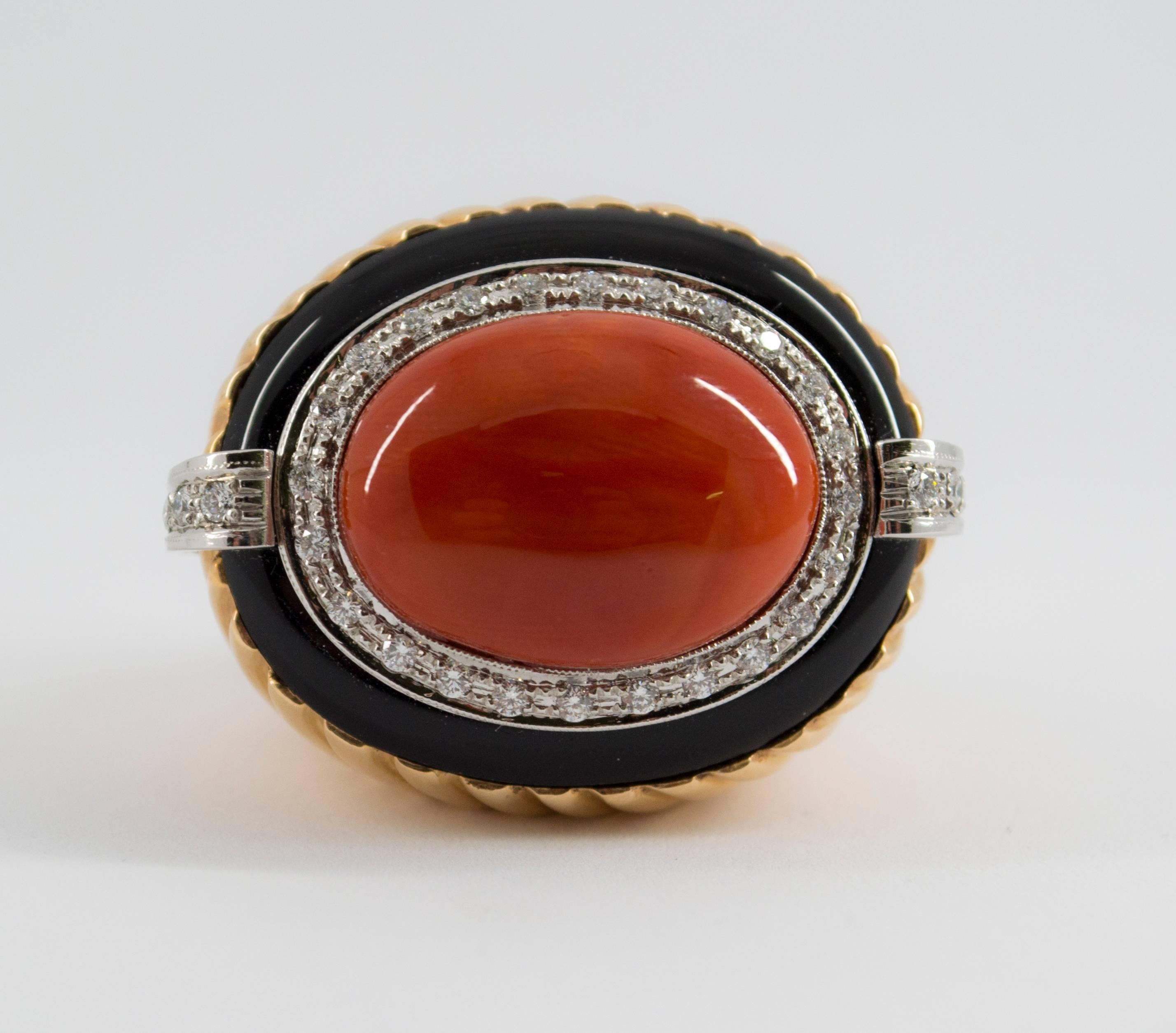 Mediterranean Red Coral Onyx Diamond Yellow Gold Cocktail Ring 3