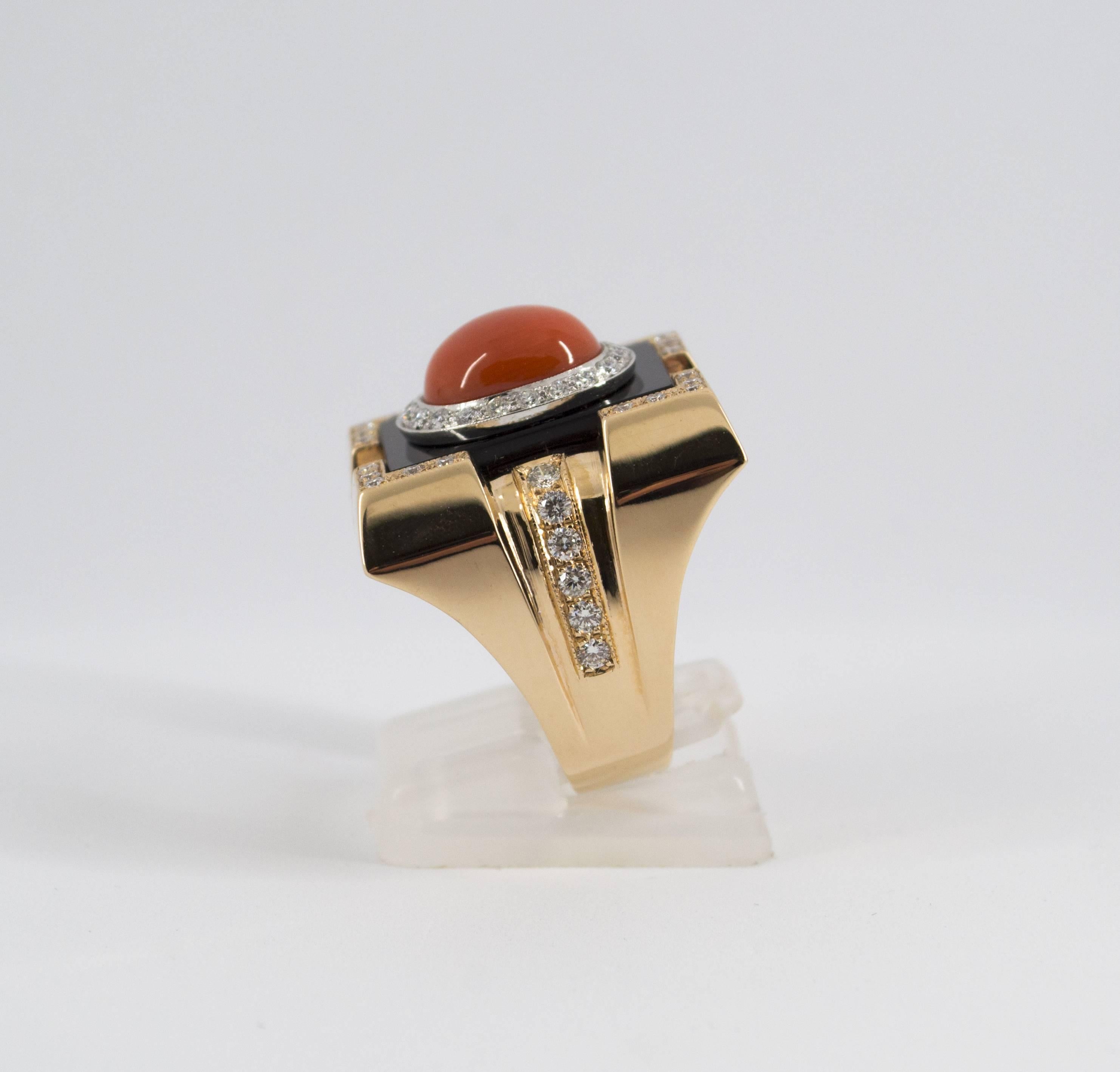 Mediterranean Red Coral Onyx  Diamond Yellow Gold Cocktail Ring 3