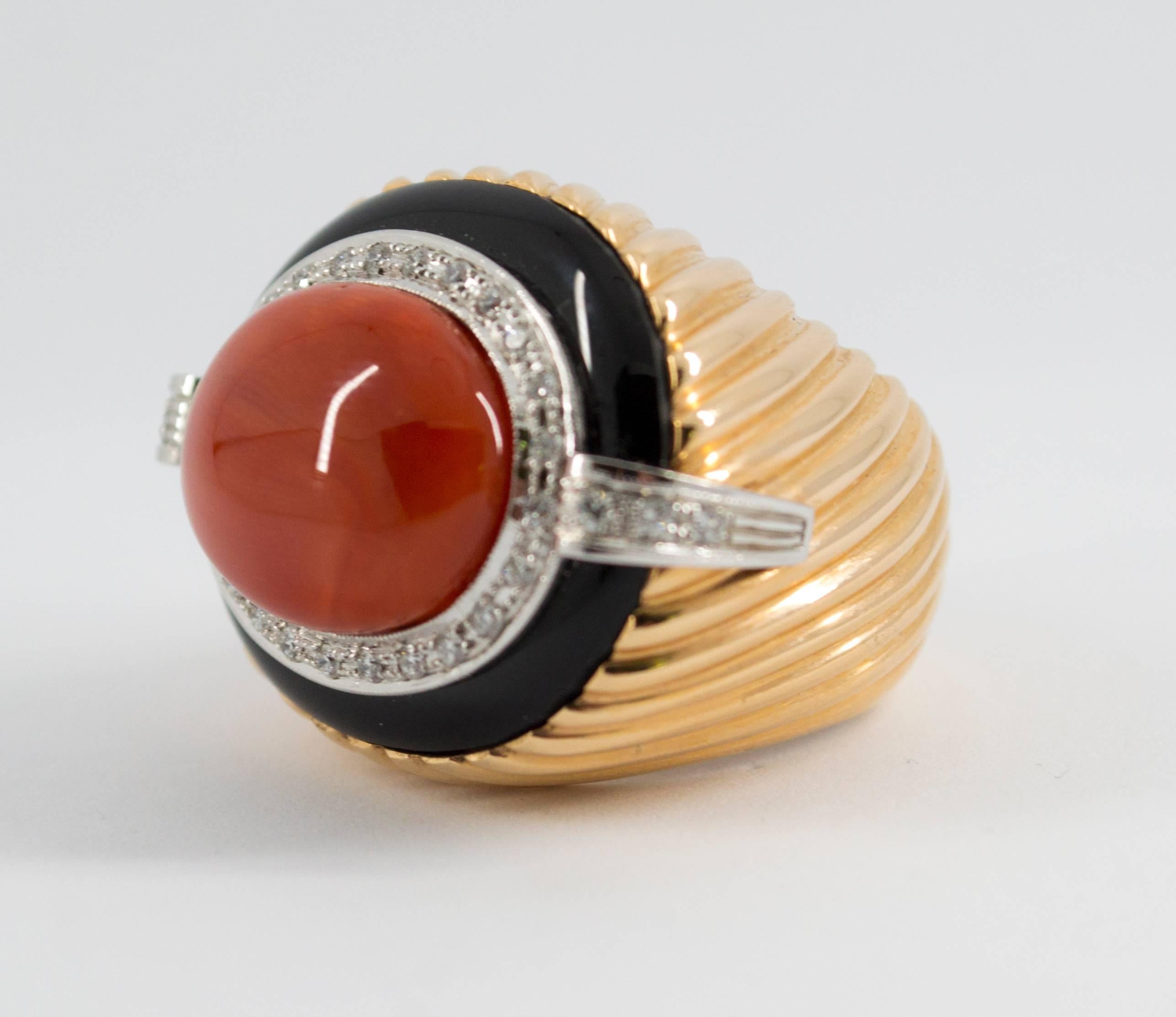Mediterranean Red Coral Onyx Diamond Yellow Gold Cocktail Ring 4