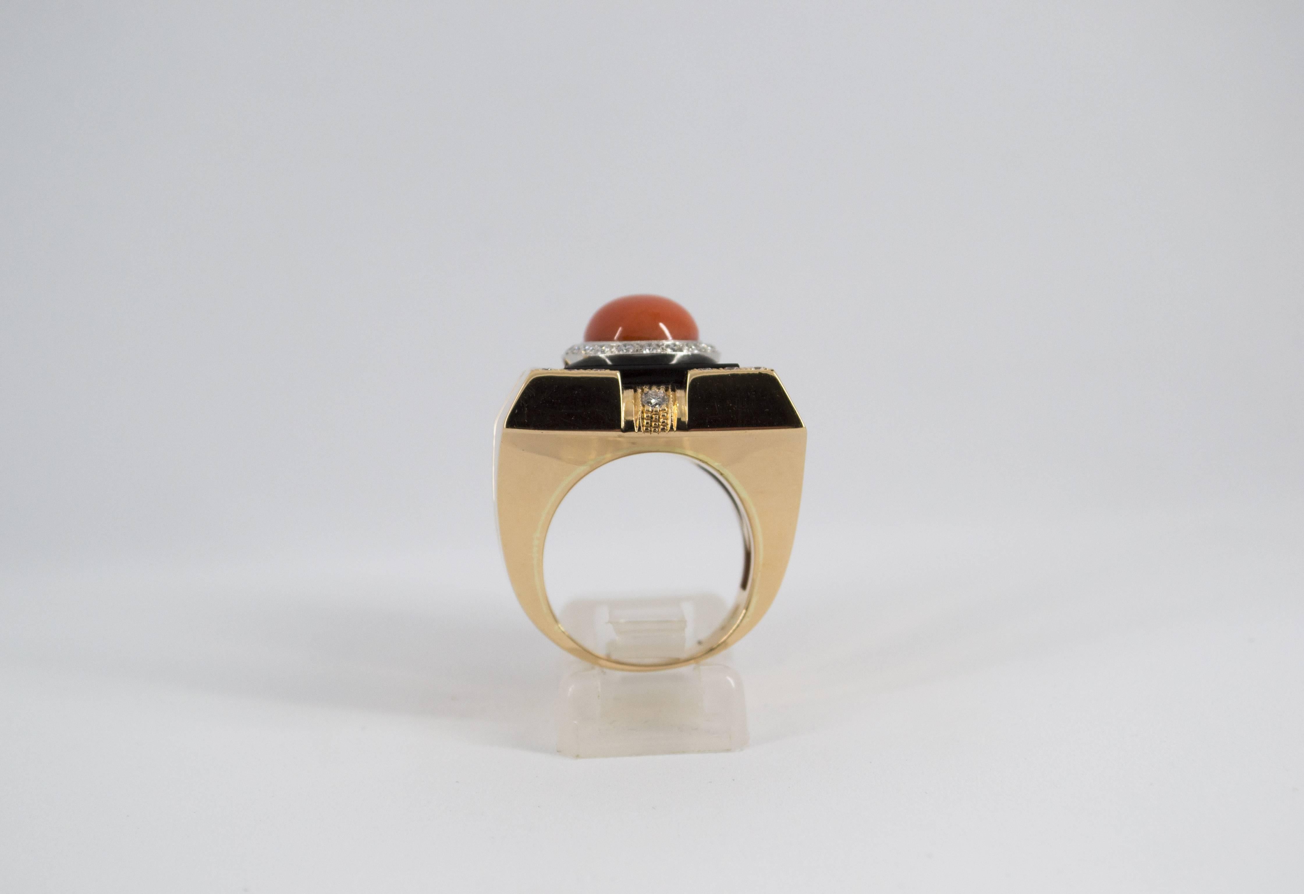 Mediterranean Red Coral Onyx  Diamond Yellow Gold Cocktail Ring 4