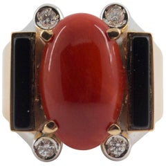 Mediterranean Red Coral Onyx Diamond Yellow Gold Cocktail Ring Mediterranean Red Coral Onyx Diamond Yellow Gold Cocktail Ring