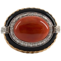 Mediterranean Red Coral Onyx Diamond Yellow Gold Cocktail Ring