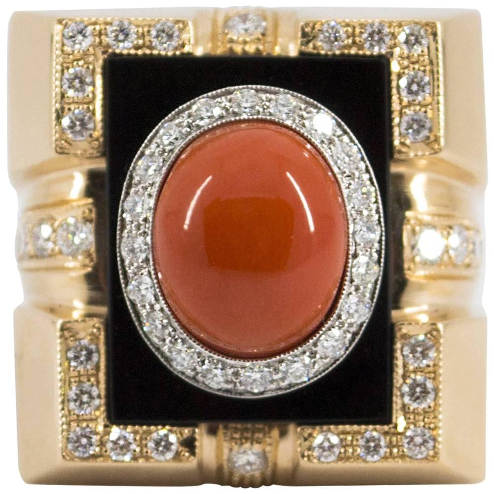 Mediterranean Red Coral Onyx  Diamond Yellow Gold Cocktail Ring