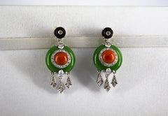 Mediterranean Red Coral Onyx Jade 0.38 Carat White Diamond White Gold Earrings